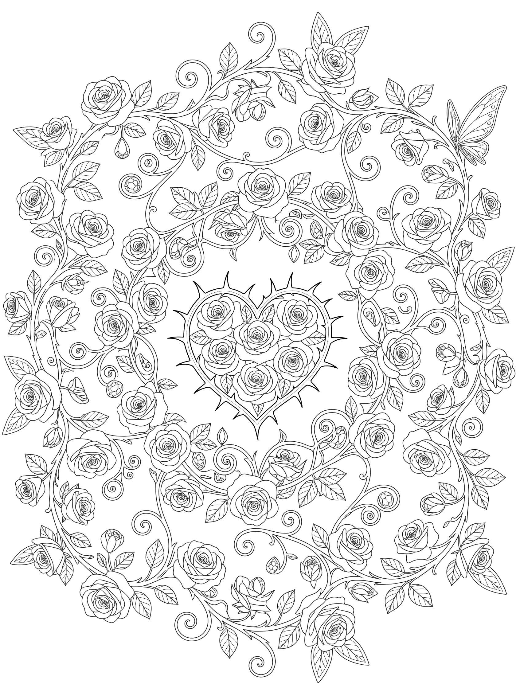 Black and white line art of a Rose Mandala featuring a central thorny heart surrounded by blooming roses on twisting vines, delicate leaves, buds, and curling tendrils.