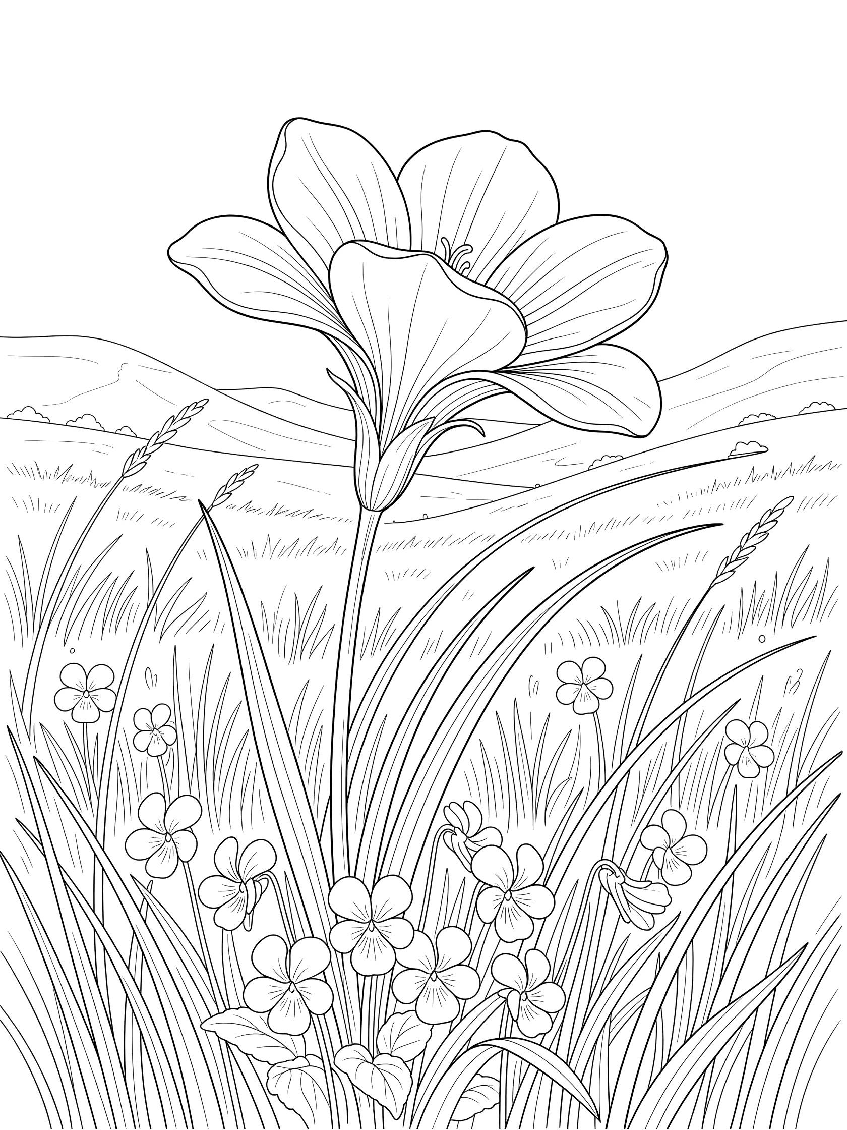 Black and white line art of a large violet flower in a field of grass and small flowers, printable coloring page