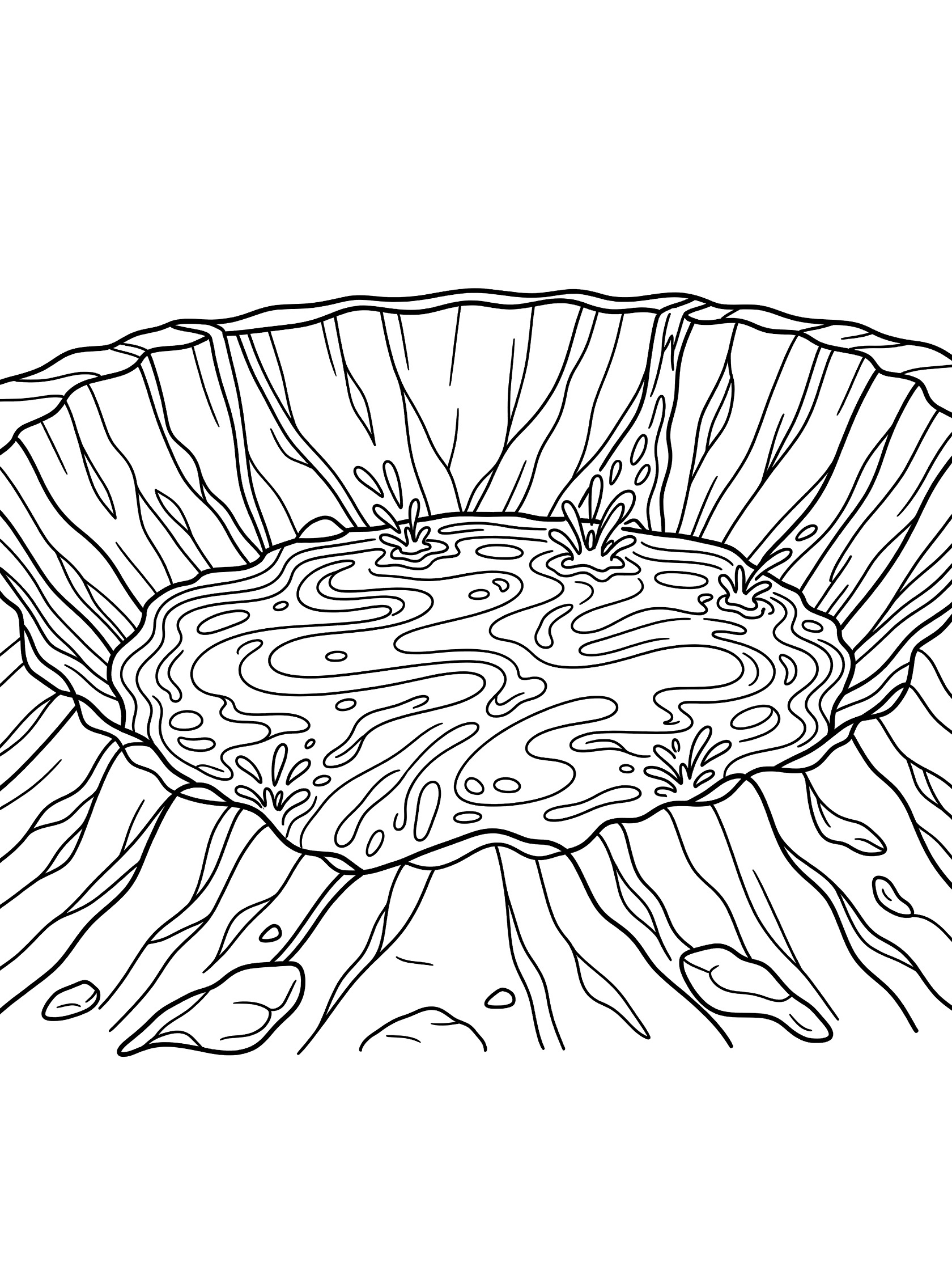 Black and white line drawing of a volcano crater containing a wavy lava lake with flows and splashes, surrounded by jagged rocky walls.