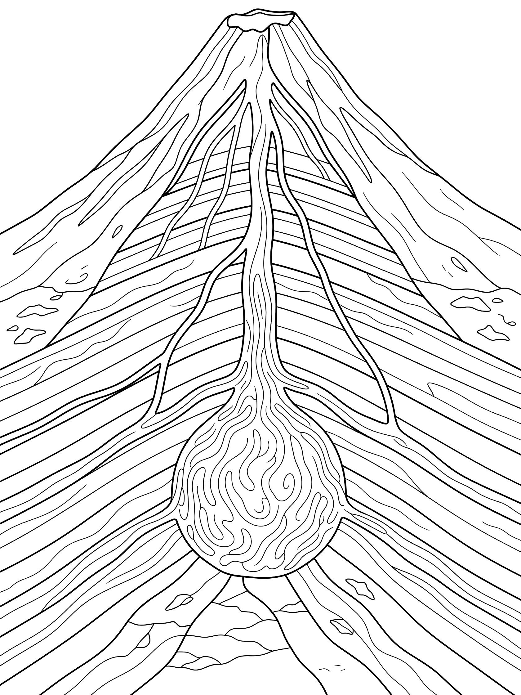 Black and white line drawing of a volcano cutaway cross section showing cone-shaped mountain, internal pipes, large round magma chamber, and layered earth rock sections.