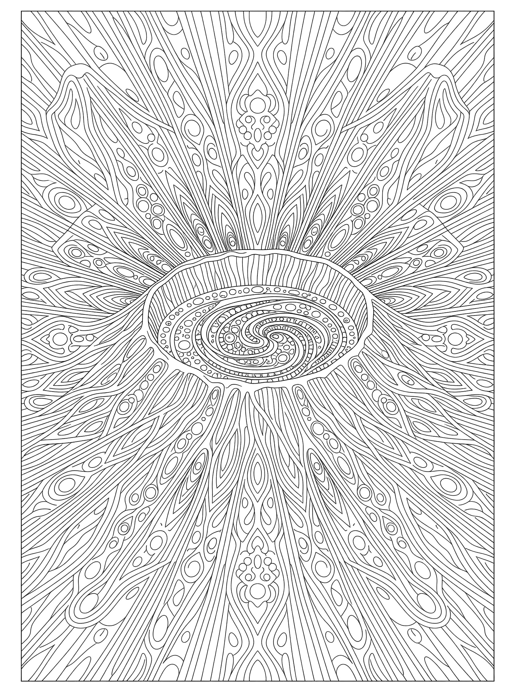 Symmetrical black and white coloring page of a volcano crater with bubbling lava circles and radiating spiral patterns in a mandala style.