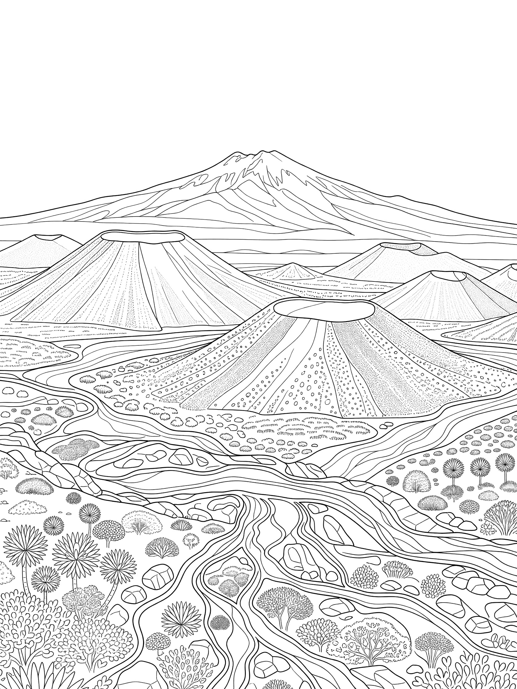 Black and white line art coloring page showing volcano mountains with craters, rocky lava slopes, a curving river, and clustered plants in a detailed printable design. Mauna Kea themed black and white printable line art