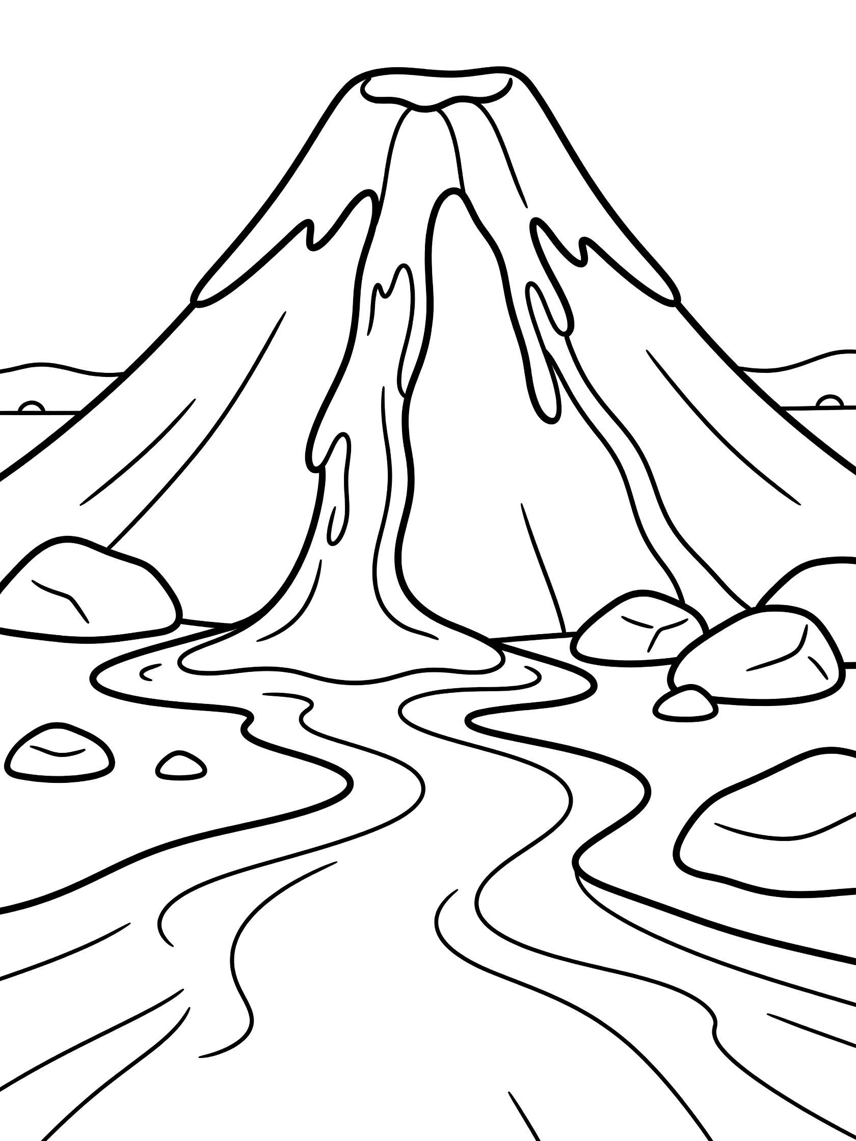 Printable coloring page showing a volcano with lava flowing down one side into a wavy river, surrounded by scattered rocks, all in black line art on white background.