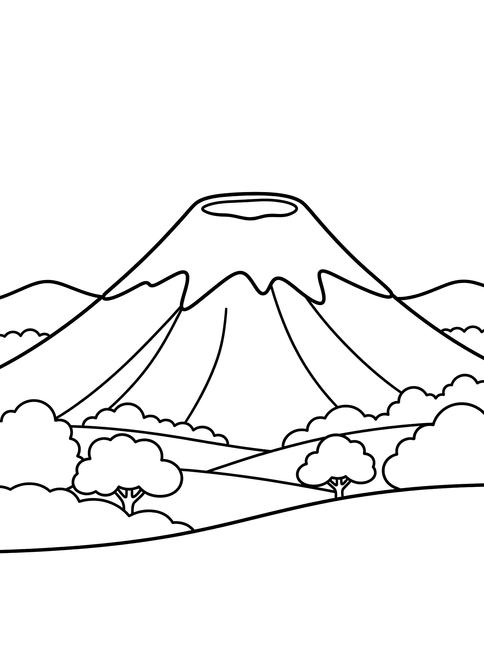 Black and white line art coloring page showing a large volcano with wide crater top, sided by pointy mountains, with trees and rolling hills at the base.