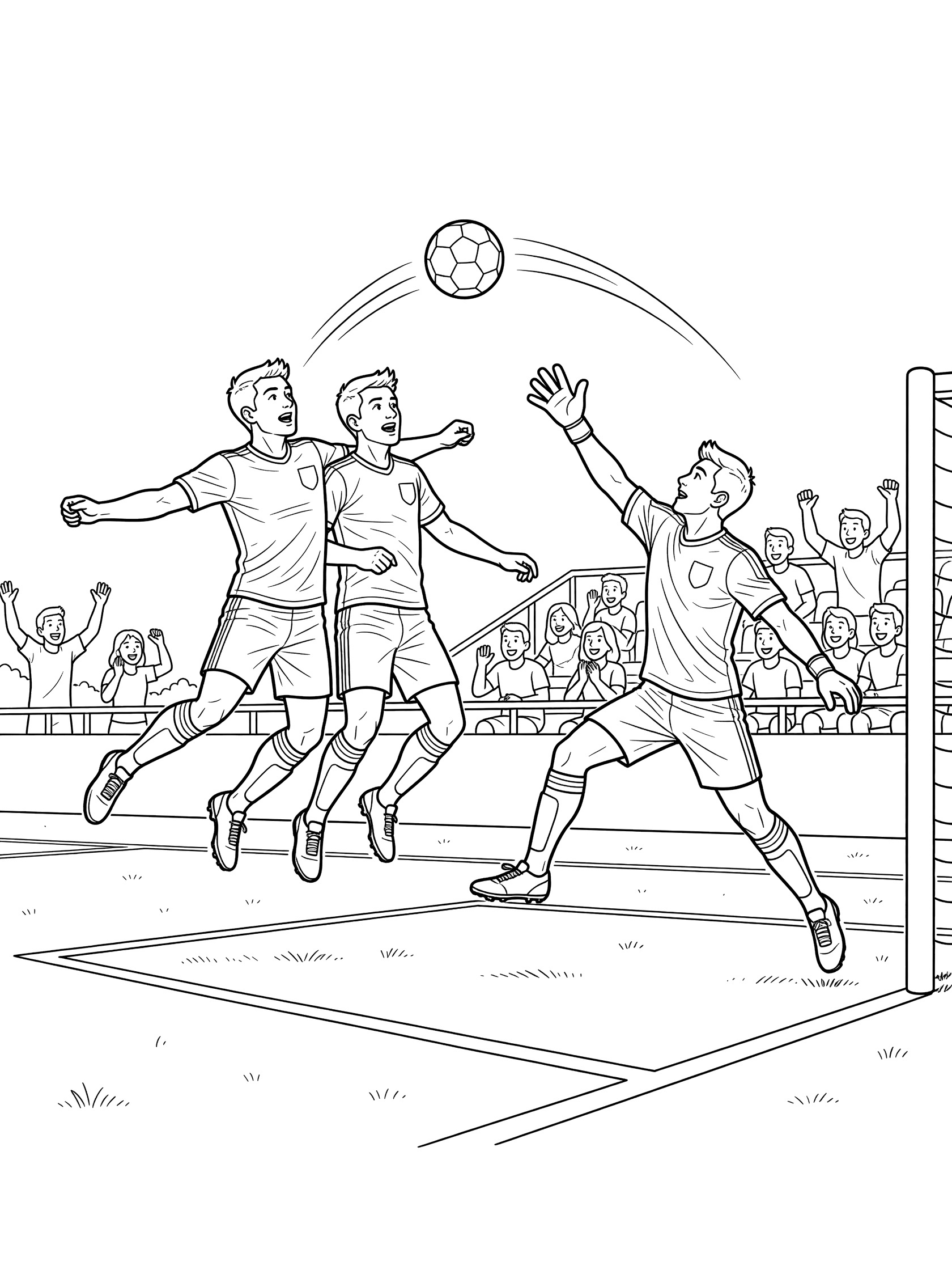 Line art coloring page showing three soccer players leaping to head a curving ball from a corner kick, goalkeeper stretching nearby, crowd cheering from stands.
