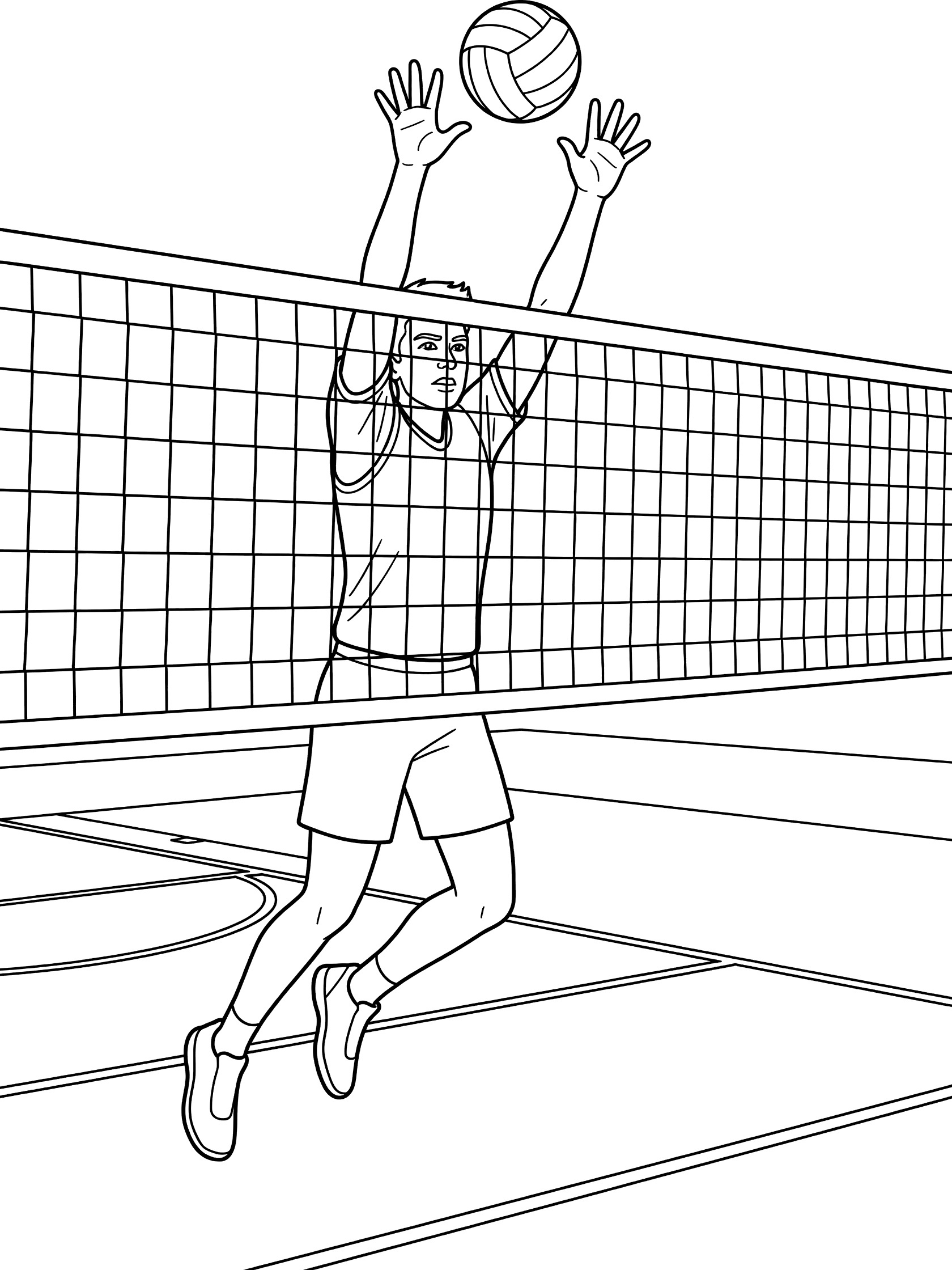 Black and white coloring page of a volleyball player jumping to block the ball at the net with hands raised, volleyball flying over, indoor court lines visible.