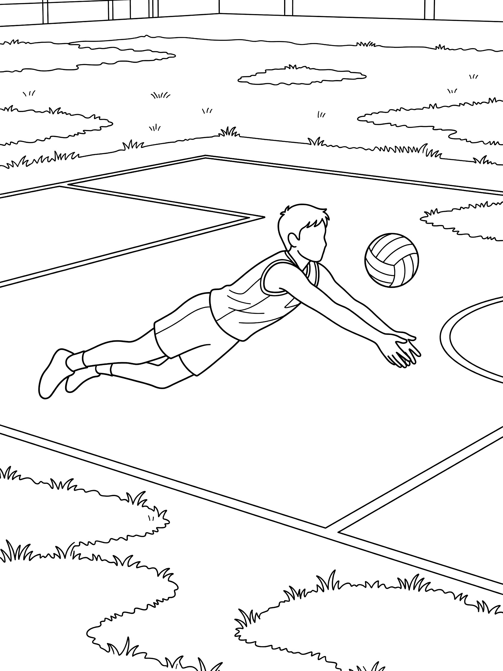 Black and white coloring page of a volleyball player diving across the court with arms reaching for the volleyball, on an outdoor school court with grass patches.