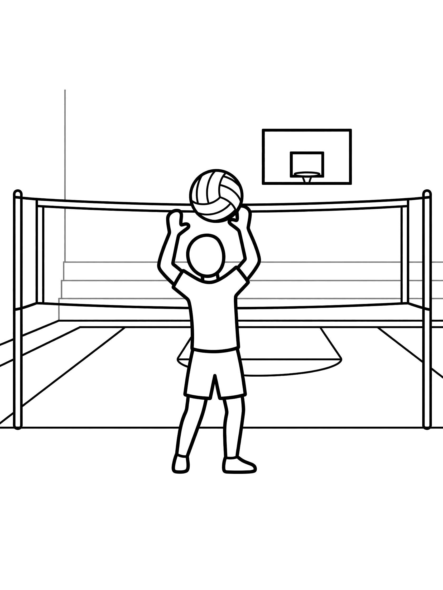 Black and white line art of a kid volleyball player performing an overhead serve, tossing the ball high behind the baseline with gym net and hoop in the background