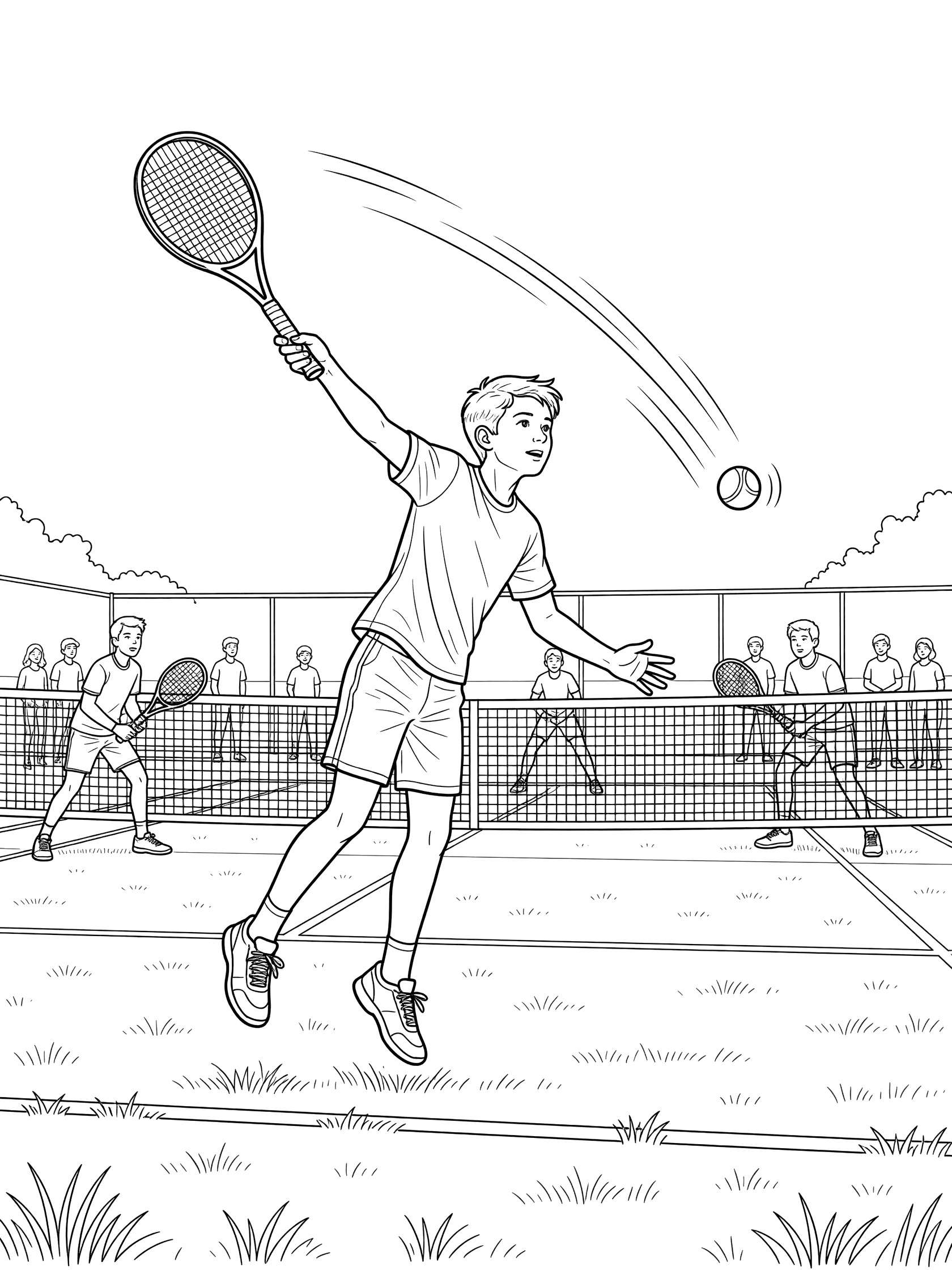 Tween boy jumping high to serve a volleyball with topspin over the net toward opponents on a grassy outdoor court during a tournament, with action lines on ball path.