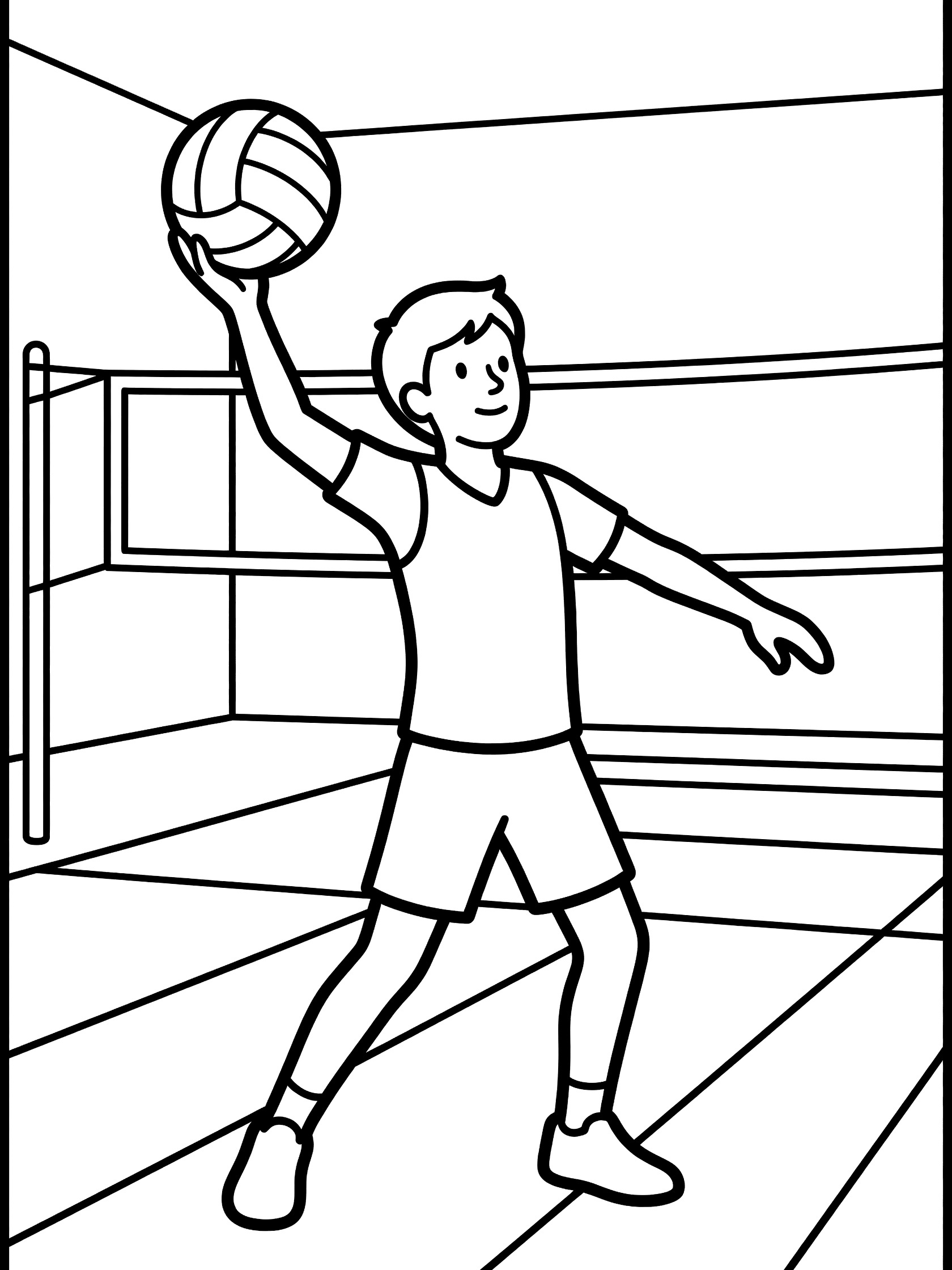 Black and white coloring page of a volleyball player holding a ball overhead, bending knees to serve over the gym net.