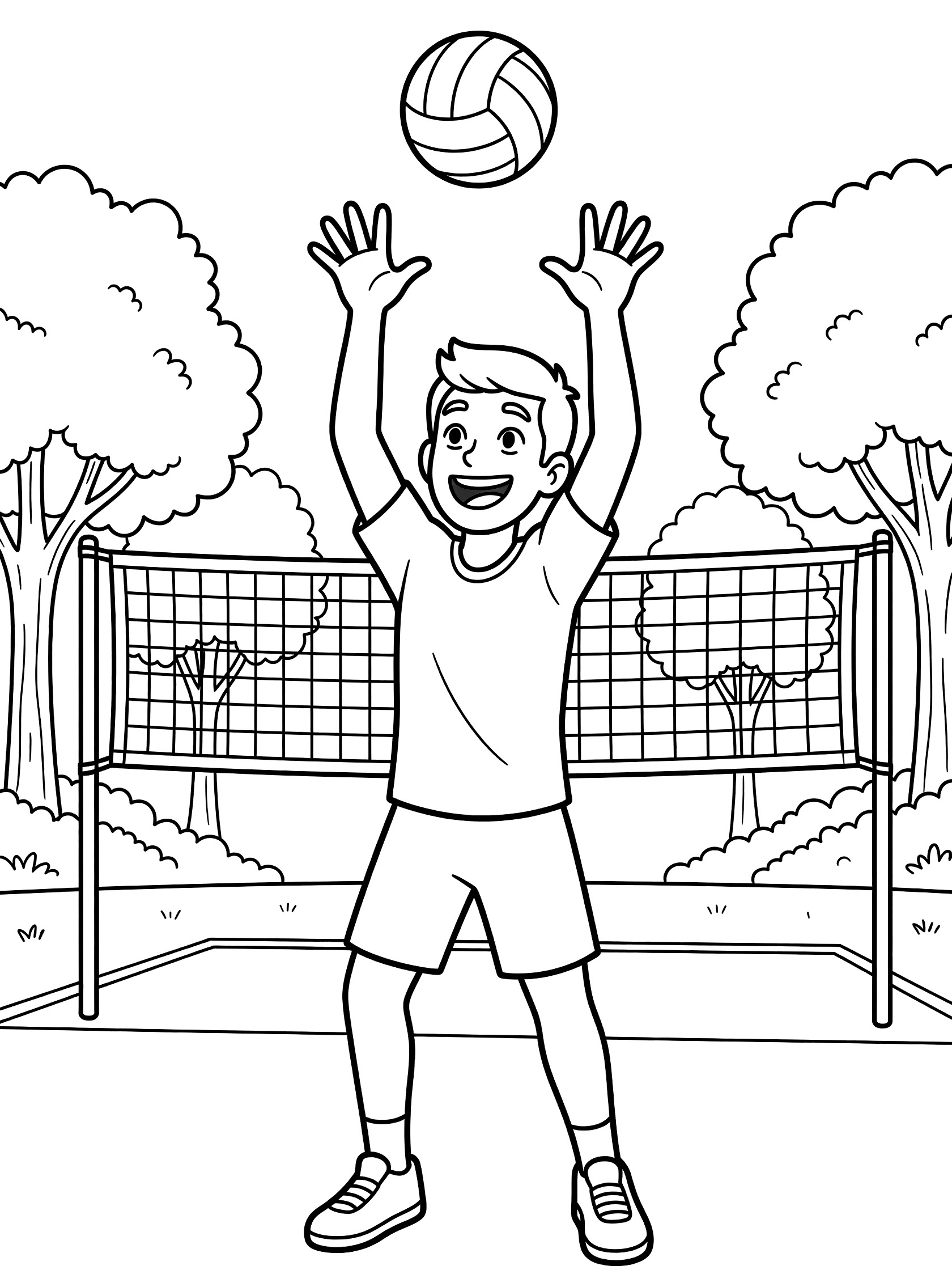 Black-and-white coloring page of a smiling volleyball player setting the ball overhead with hands up, standing on toes near a net in a park with trees.
