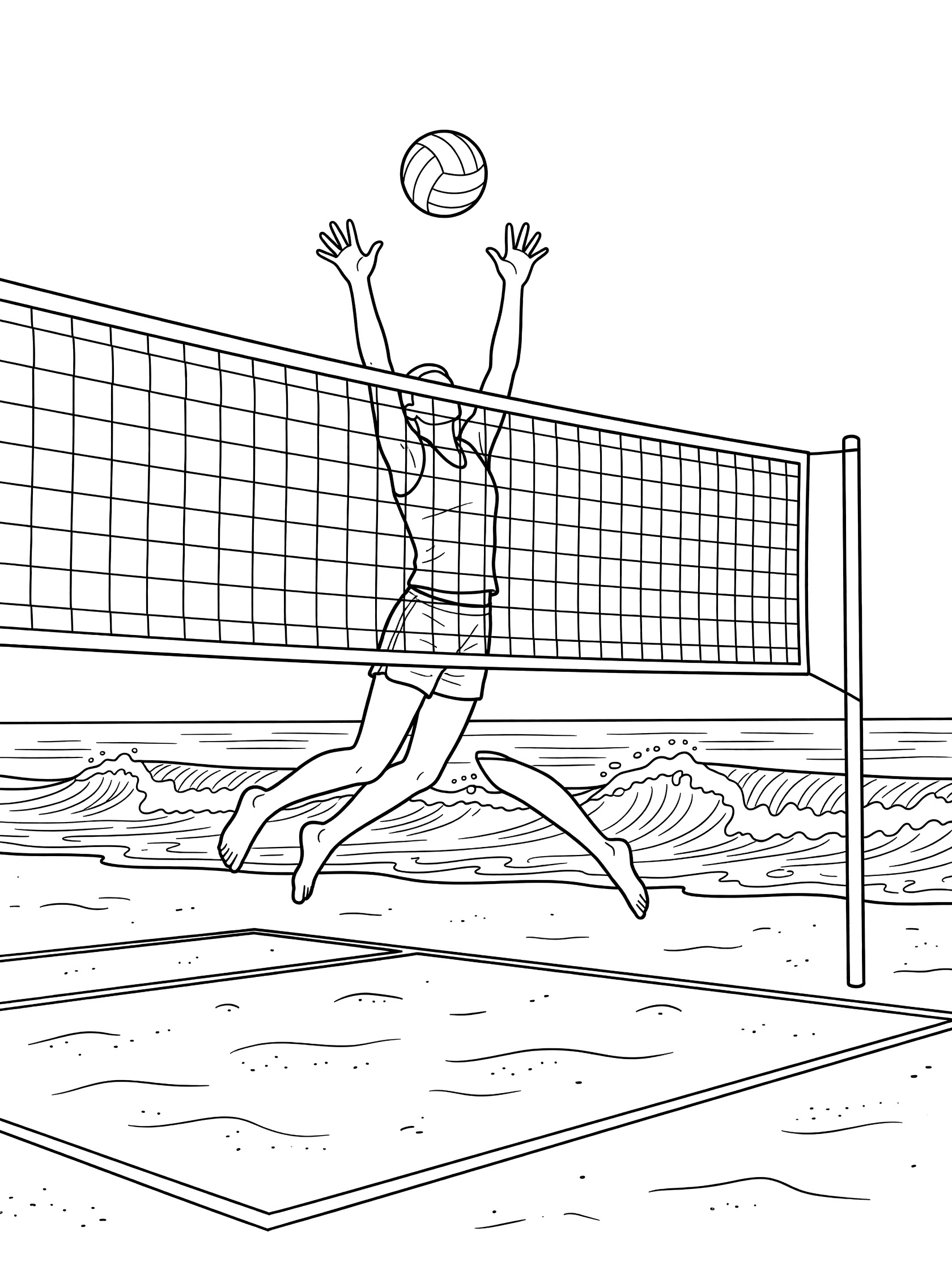 Black and white coloring page of a volleyball player jumping to spike the ball over the net on a beach with sand, ocean waves, and net post.