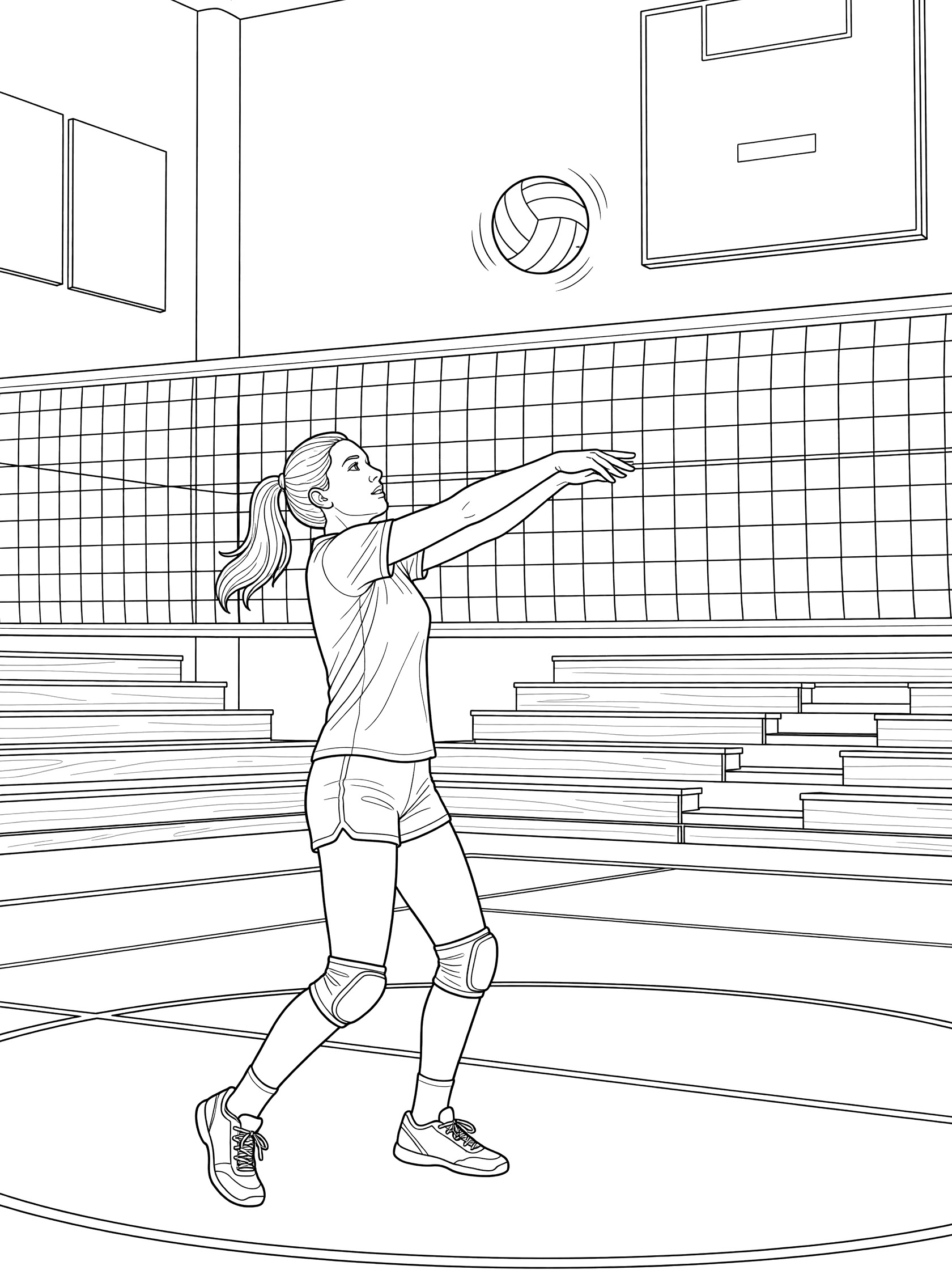 Black and white line art of a girl player serving a volleyball with straight arm over the gym net, with audience benches and scoreboard in the background.