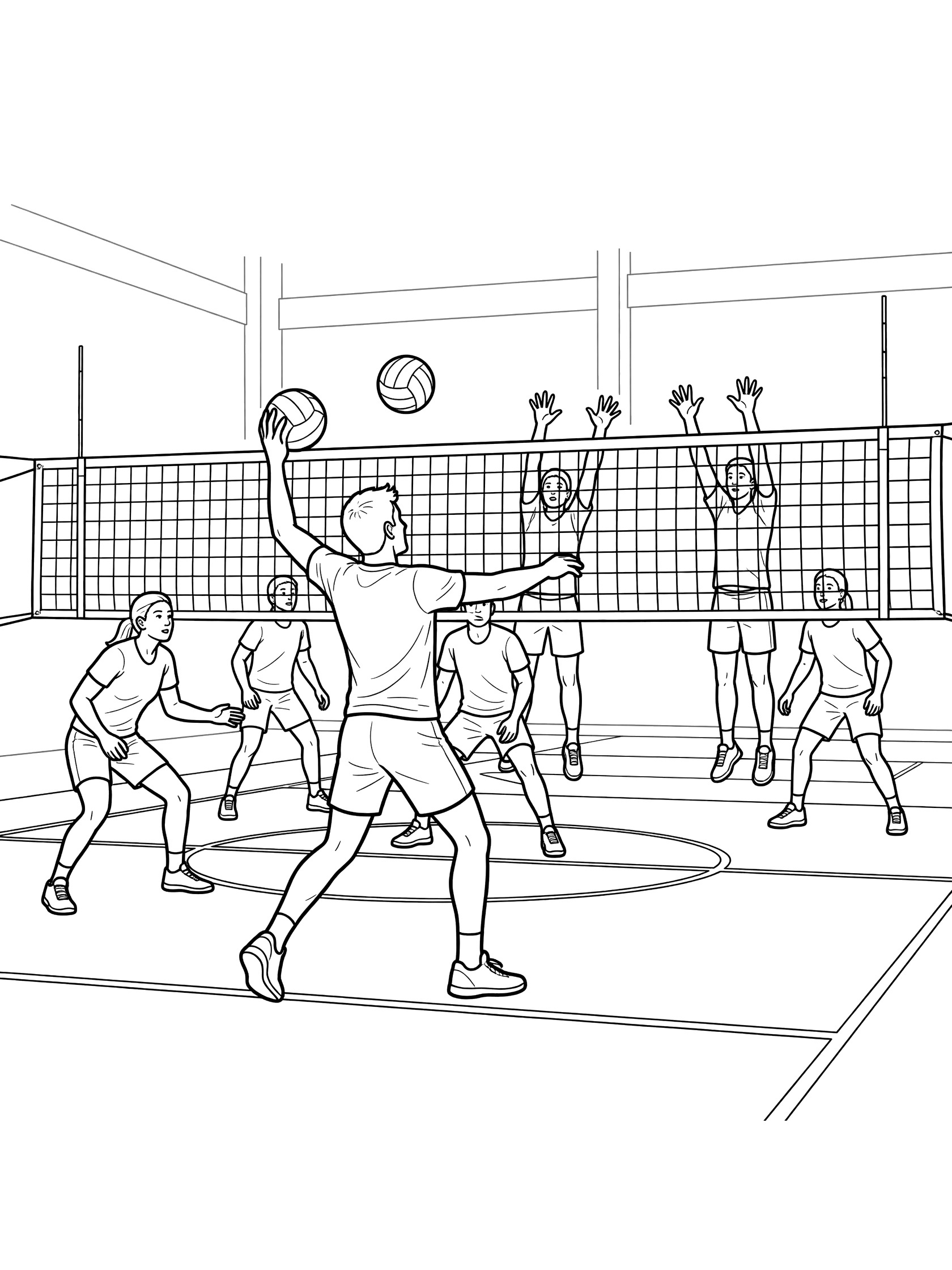 Black and white line art of volleyball player at baseline winding up for powerful serve over net on indoor volleyball court with marked lines, teammates on one side and opponents on the other.