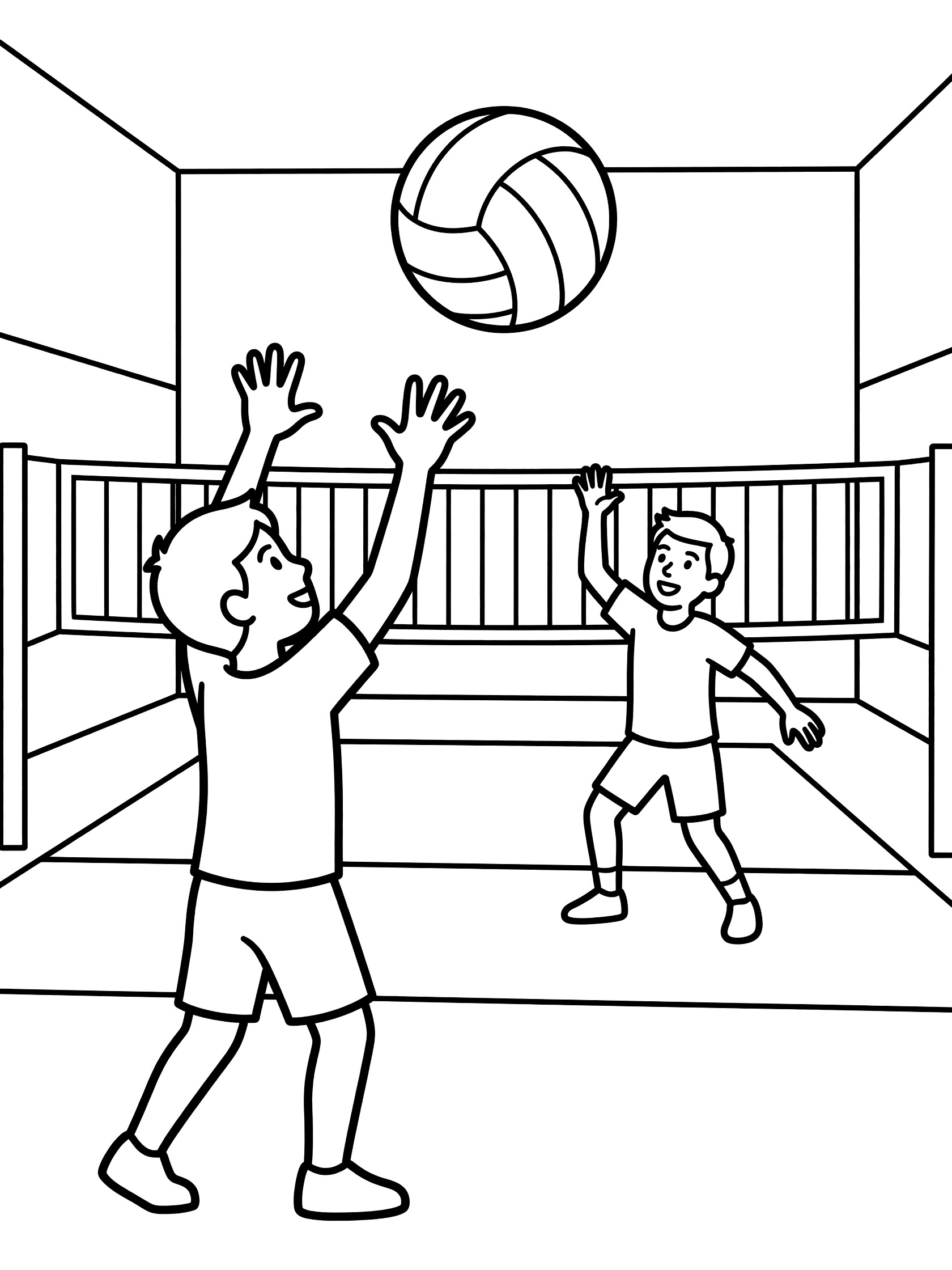 Line art coloring page showing a boy setting a volleyball high on an indoor court with net and boundary lines, teammate ready to spike.