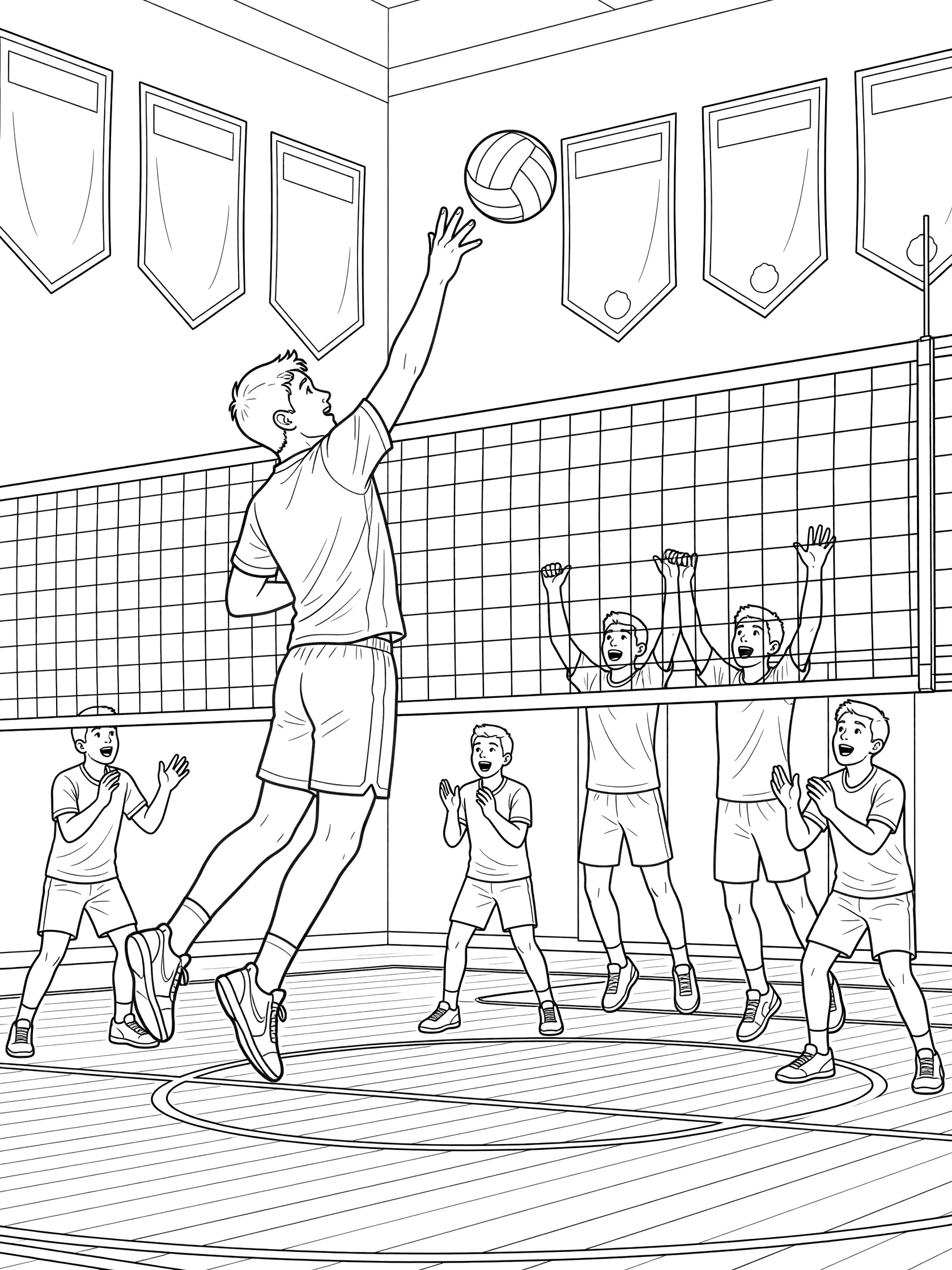 Black and white line art of a volleyball player spiking the ball powerfully over the net in a school gym with cheering teammates and gym banners.