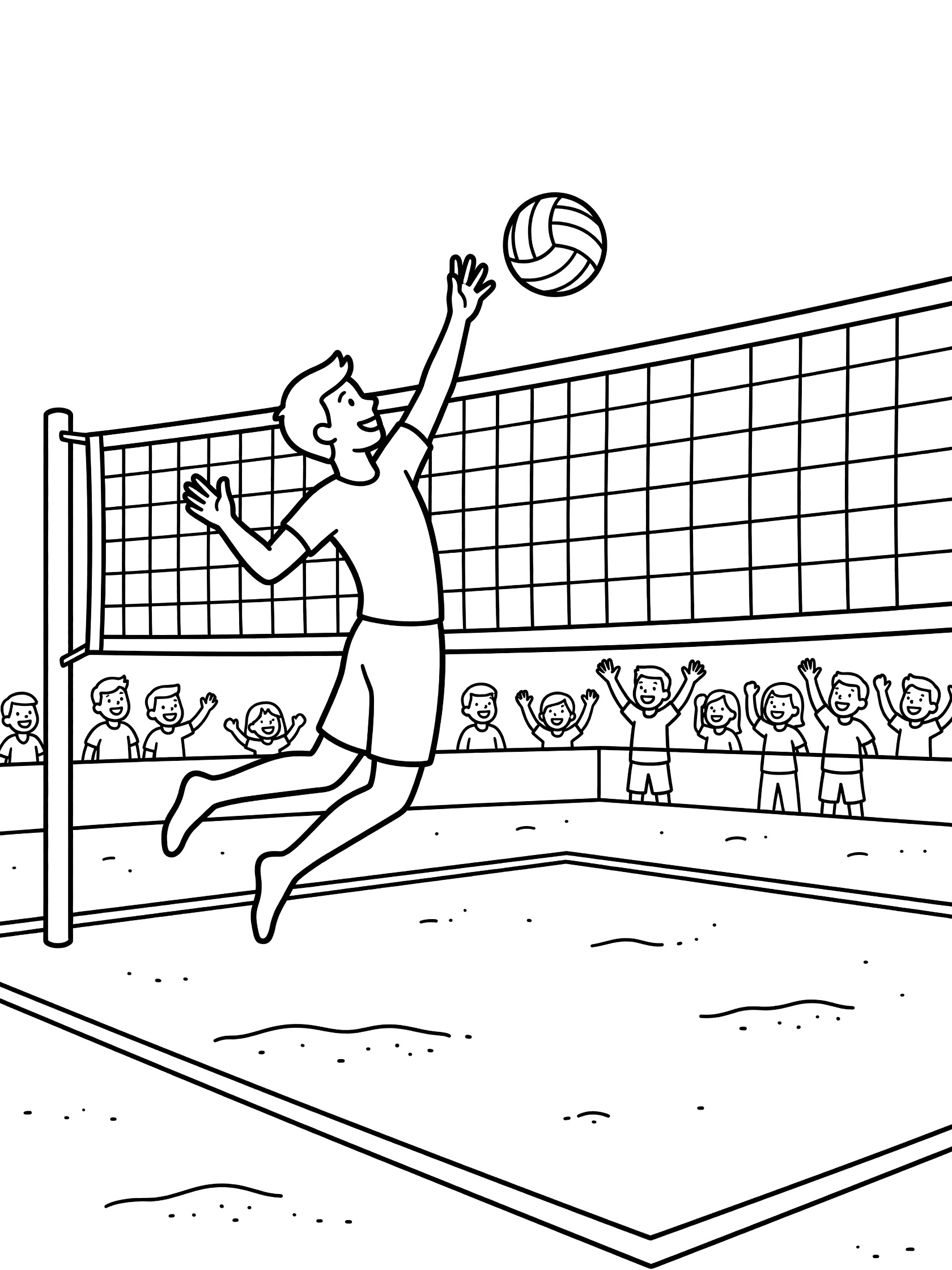 Line art coloring page showing a volleyball player jumping to spike the ball over the tall net on a sandy beach volleyball court with fans cheering behind the lines