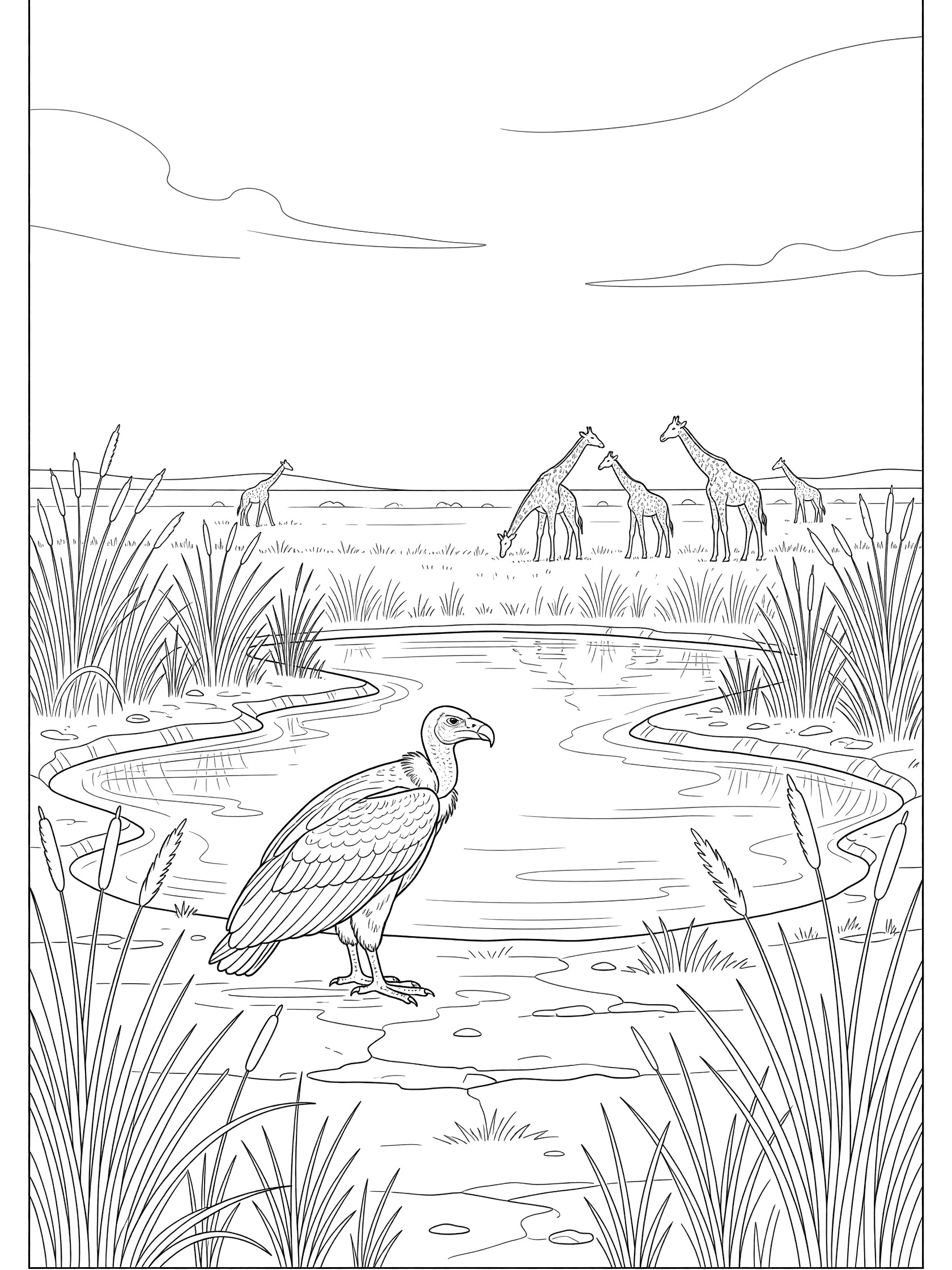 Black and white line art coloring page showing a vulture standing near a pond surrounded by reeds, with several giraffes drinking water in the background under a big sky.