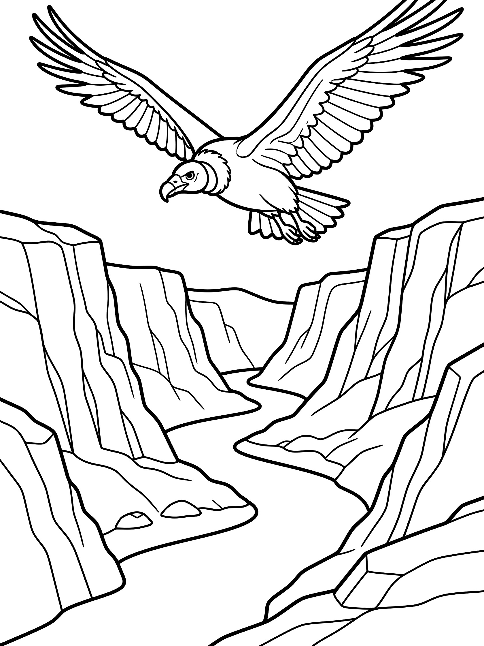 Black and white line art coloring page of a vulture flying with spread wings over a canyon featuring tall rocky walls and a curving river at the bottom.