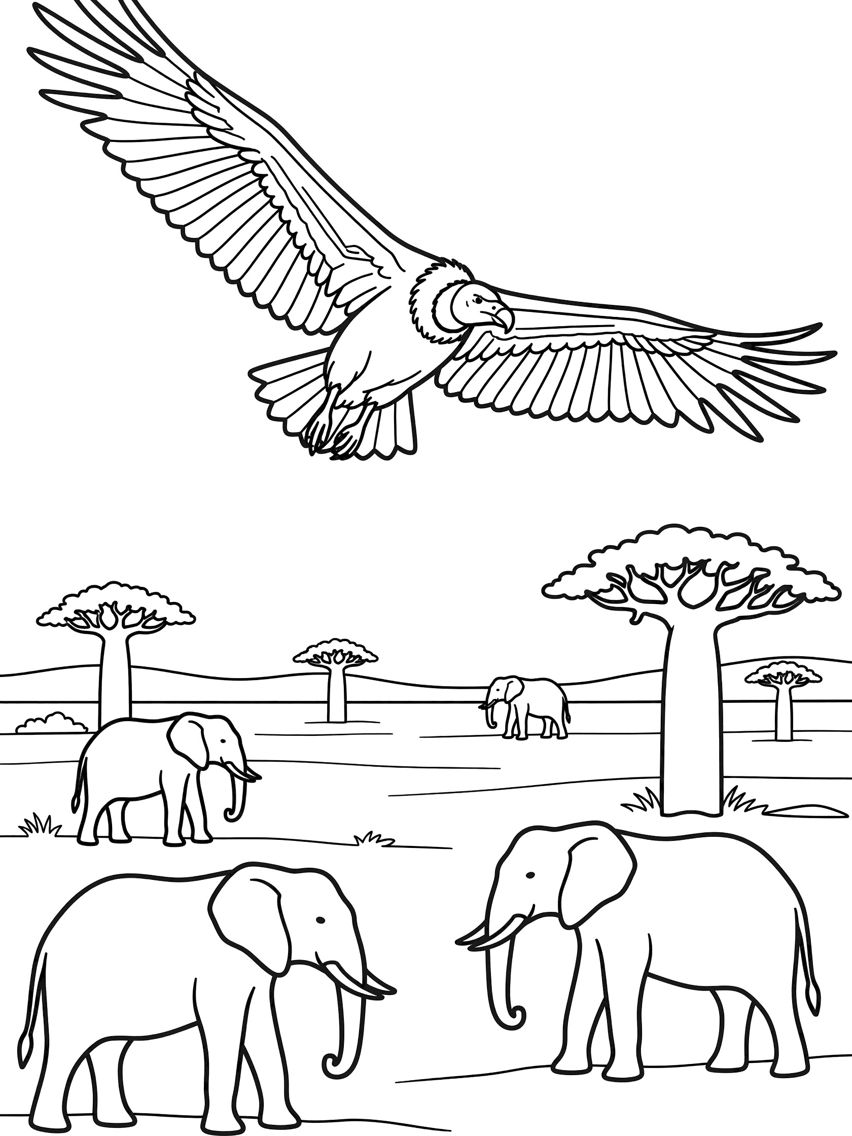 Black and white line art coloring page showing a large vulture with spread wings flying high over a group of elephants standing near baobab trees on a plain.