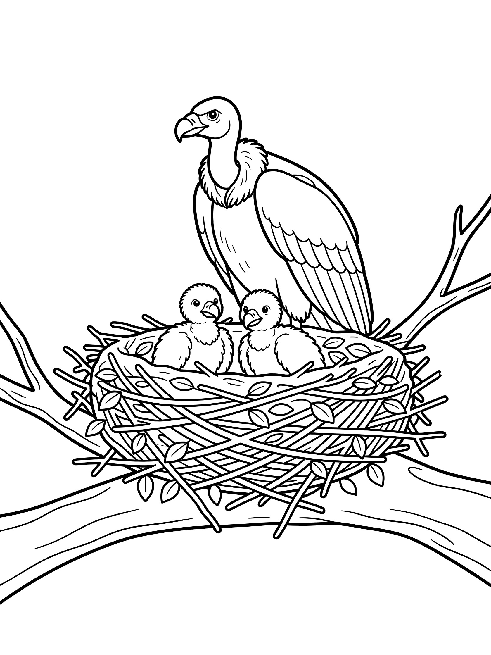 Black and white coloring page of a vulture mom in a twig nest on a tree branch with two baby vultures looking out