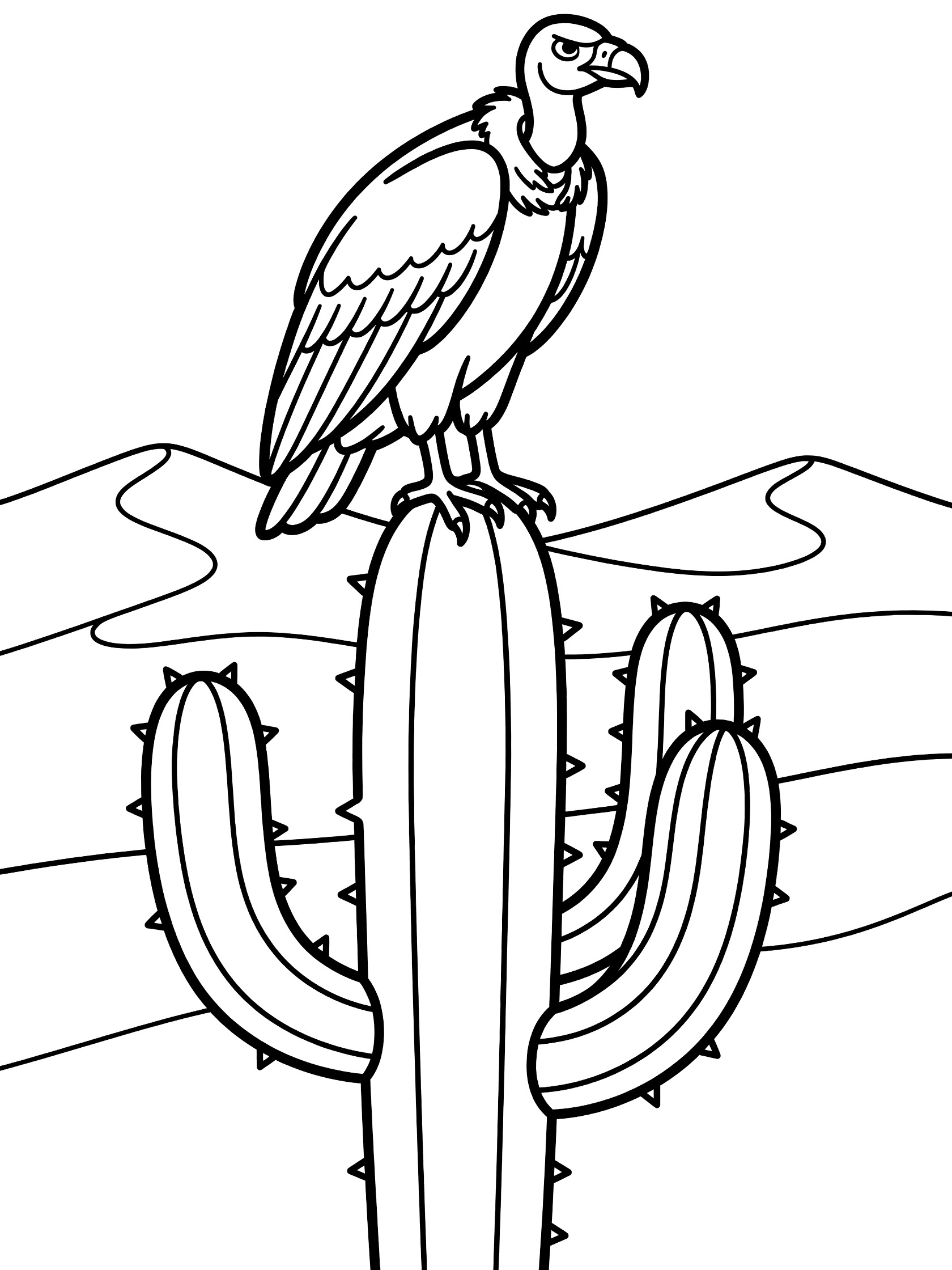 Black and white line art of a vulture standing on a tall cactus in a desert with rolling sand dunes, coloring book style.