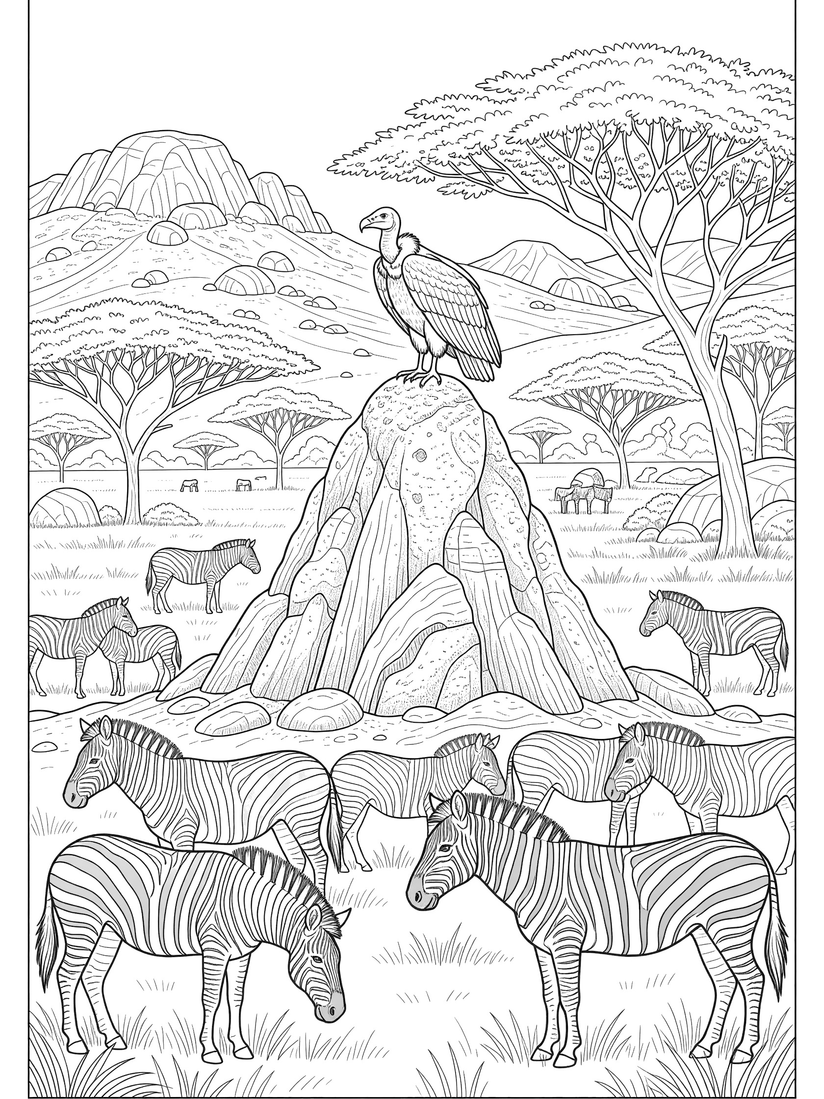 Black and white line art coloring page showing a vulture perched on a tall rocky mound surrounded by zebras, acacia trees, and distant hills.