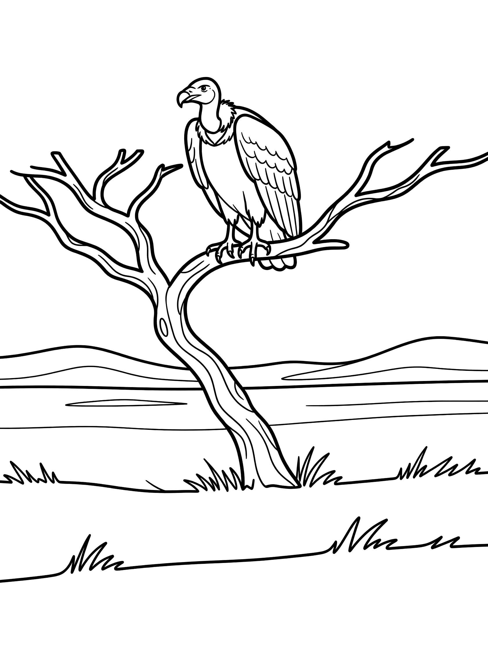 Black and white line art coloring page showing a vulture perched on a curved tree branch above grassy hills
