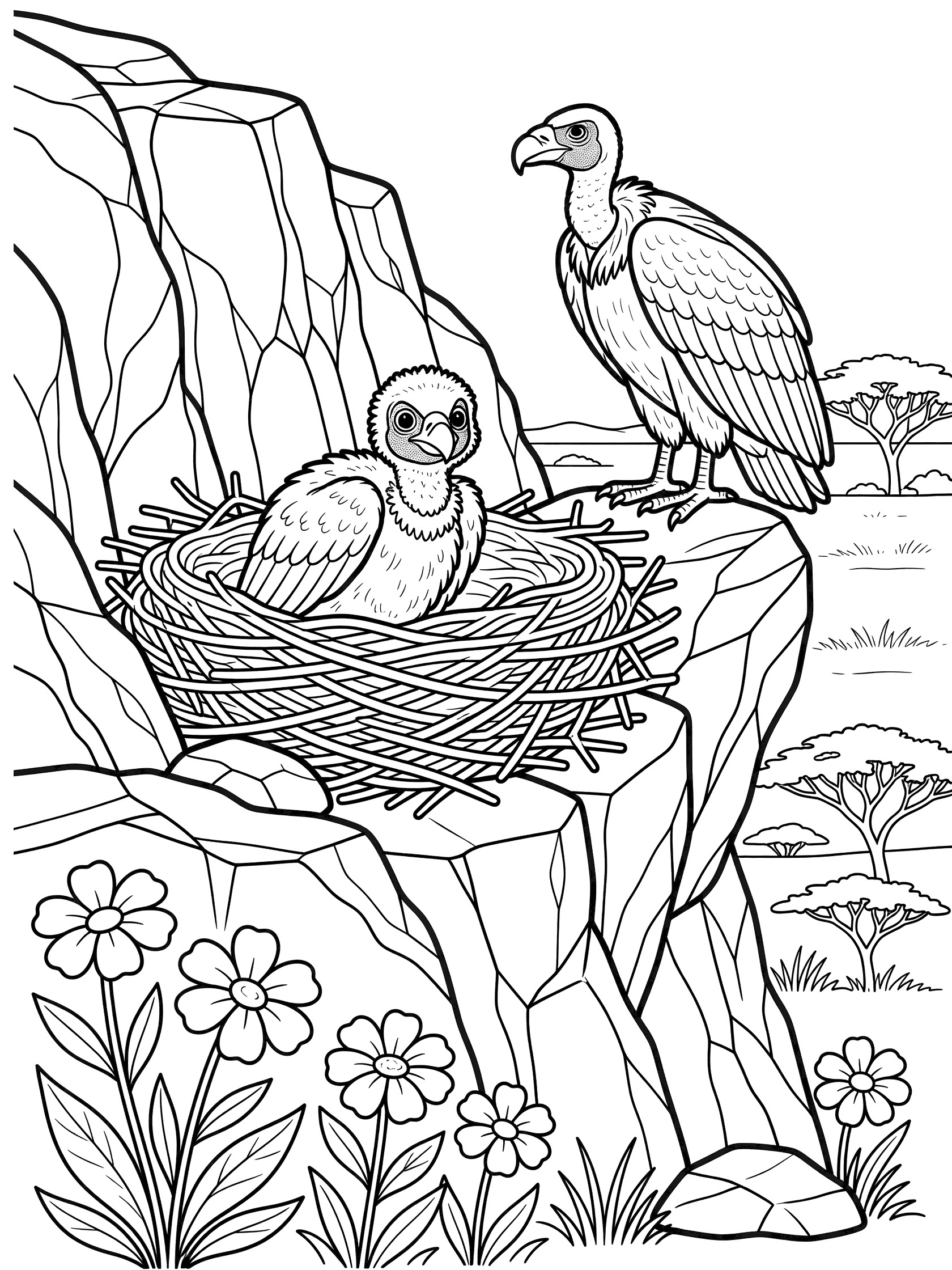 Black and white line art coloring page showing a large parent vulture standing near a nest on a rocky cliff with a fluffy baby vulture peeking out, wildflowers at the base, and distant savanna trees.