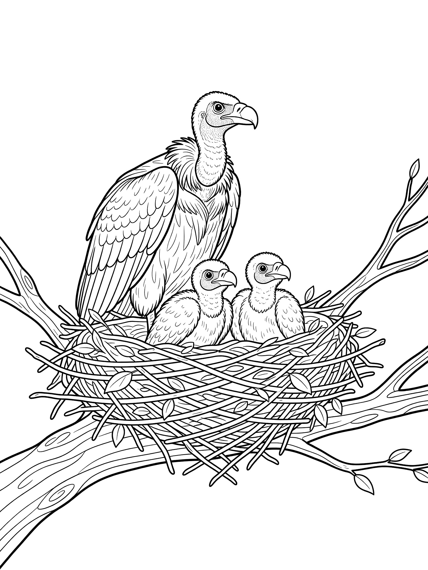 Black and white coloring page of a vulture parent in a twig nest with two baby vultures peeking out on a tree branch.