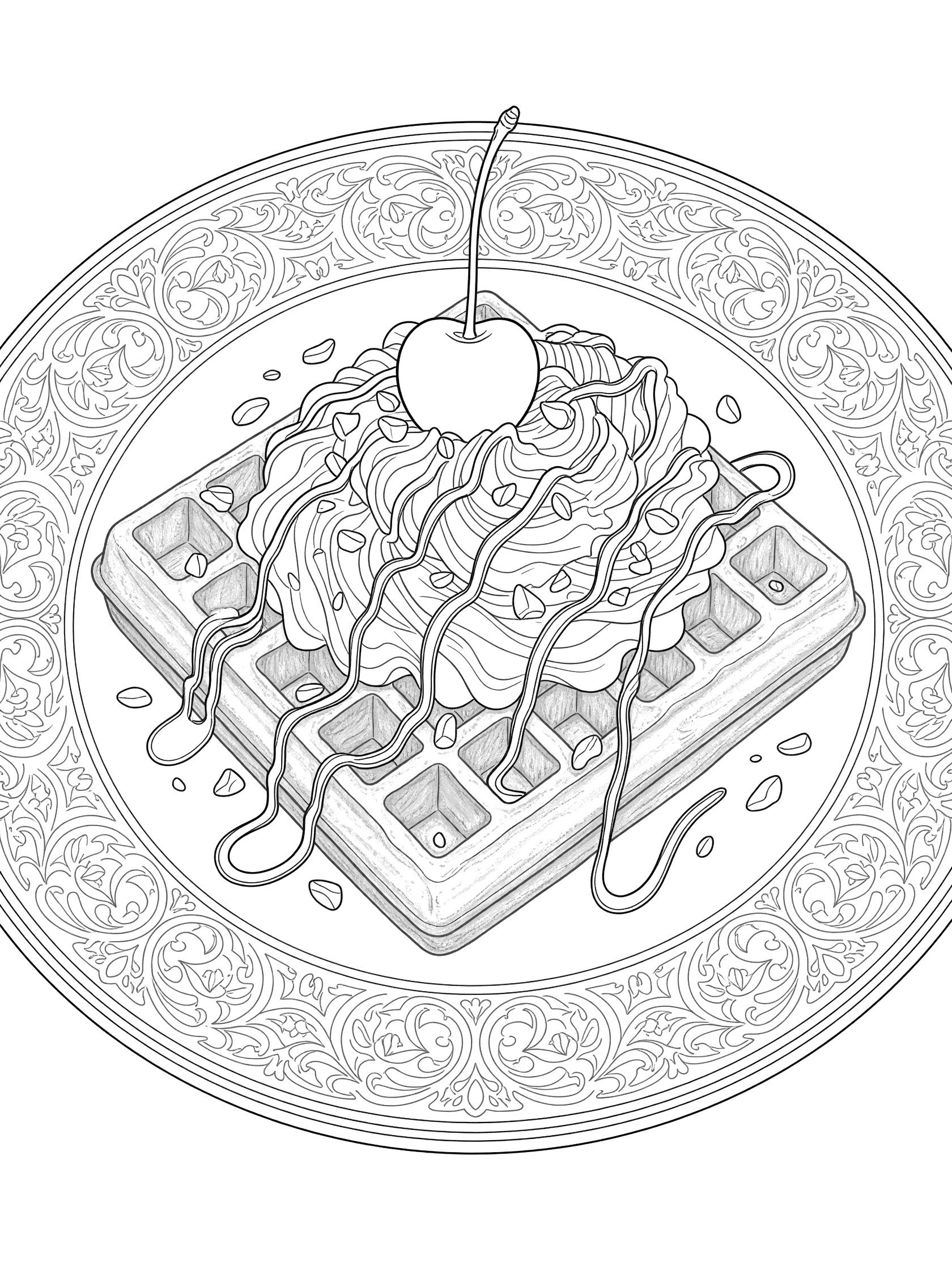 Detailed coloring page of a waffle topped with whipped cream swirls, chocolate drizzles, nuts, and a cherry, on a fancy plate with intricate edges