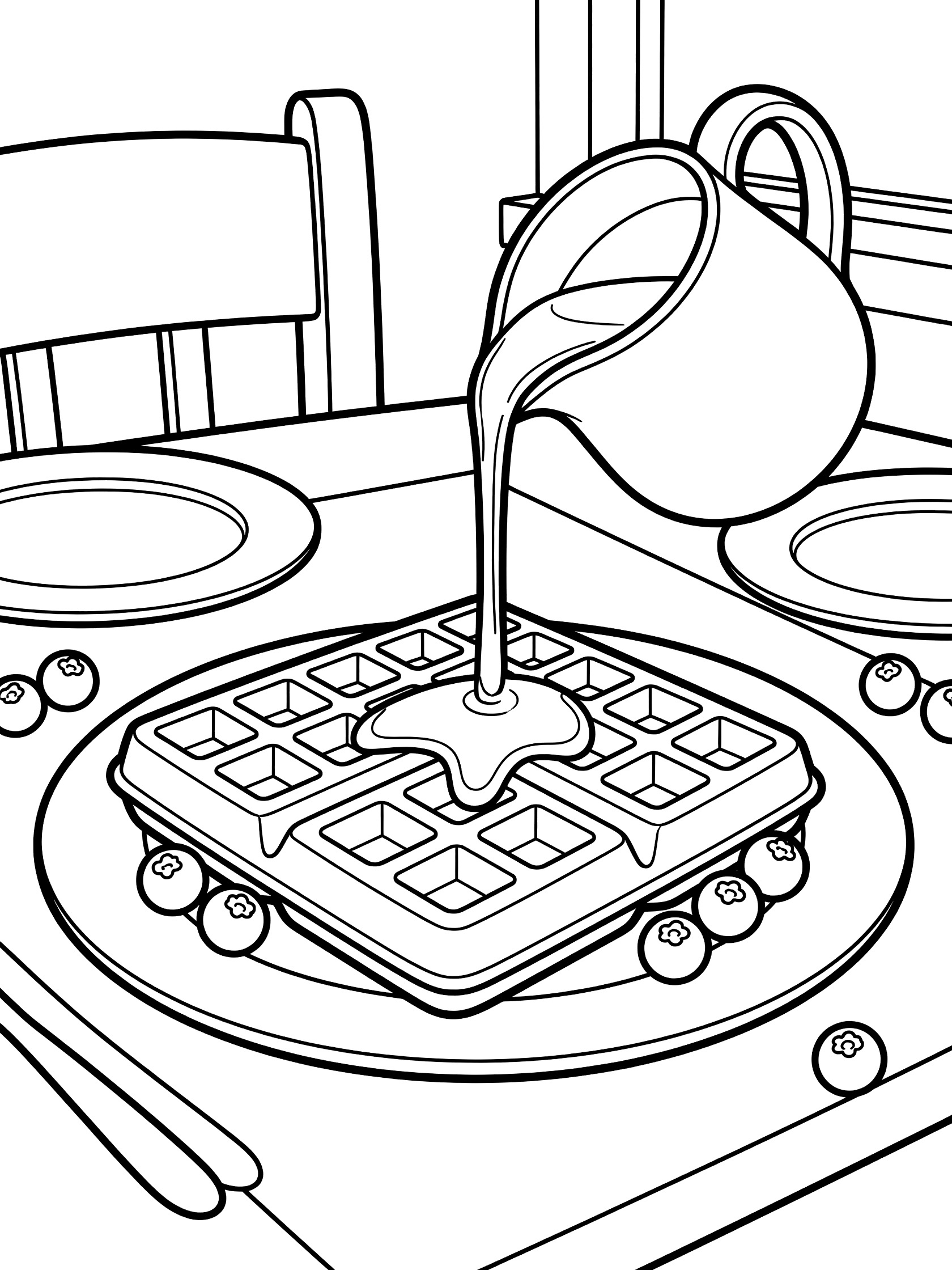Black and white coloring page showing a waffle on a plate, syrup pouring from a tilted pitcher, blueberries scattered nearby, plates and chairs on a table.