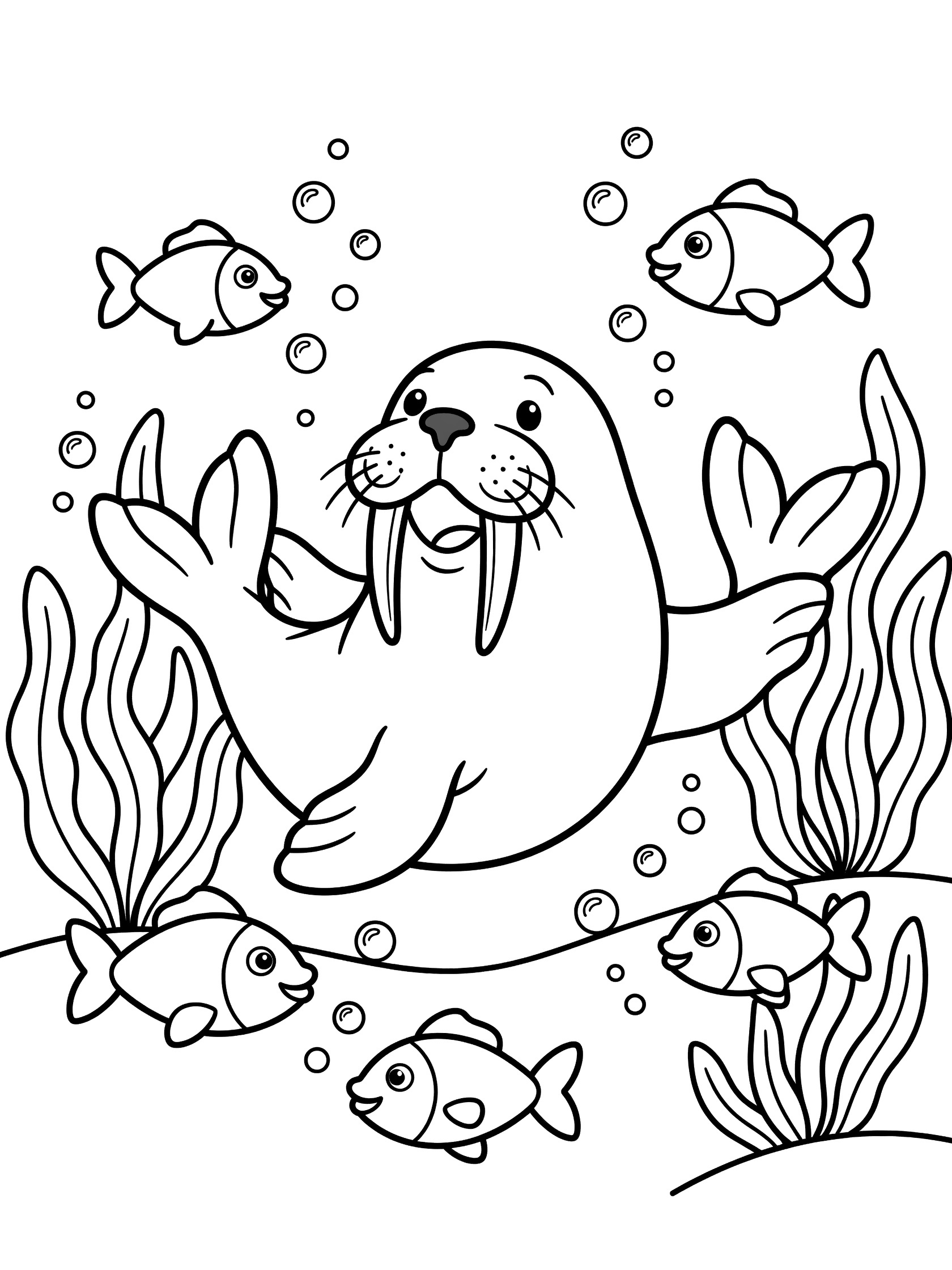 Black and white line art coloring page showing a walrus with tusks and flippers swimming underwater surrounded by fish and seaweed bubbles