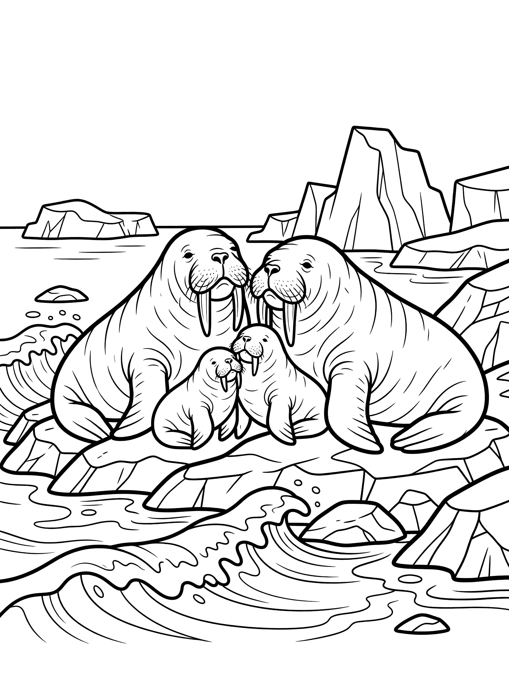 Black and white coloring page of a walrus family huddled together on rocks near waves and icebergs with long tusks and flippers.