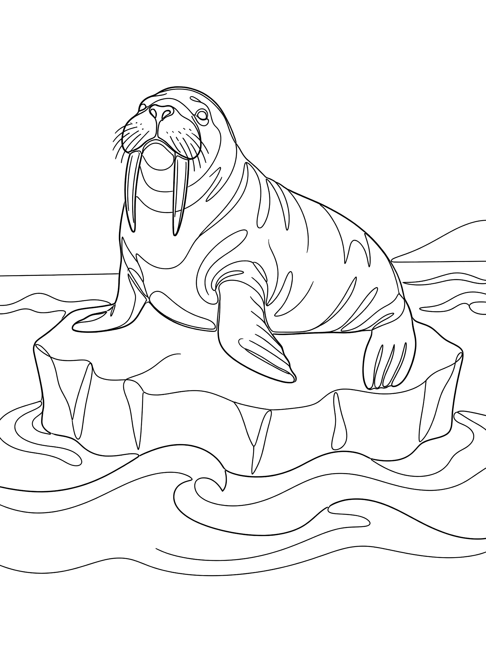 Black and white line drawing of a walrus with long tusks sitting on a chunky ice floe surrounded by ocean waves.