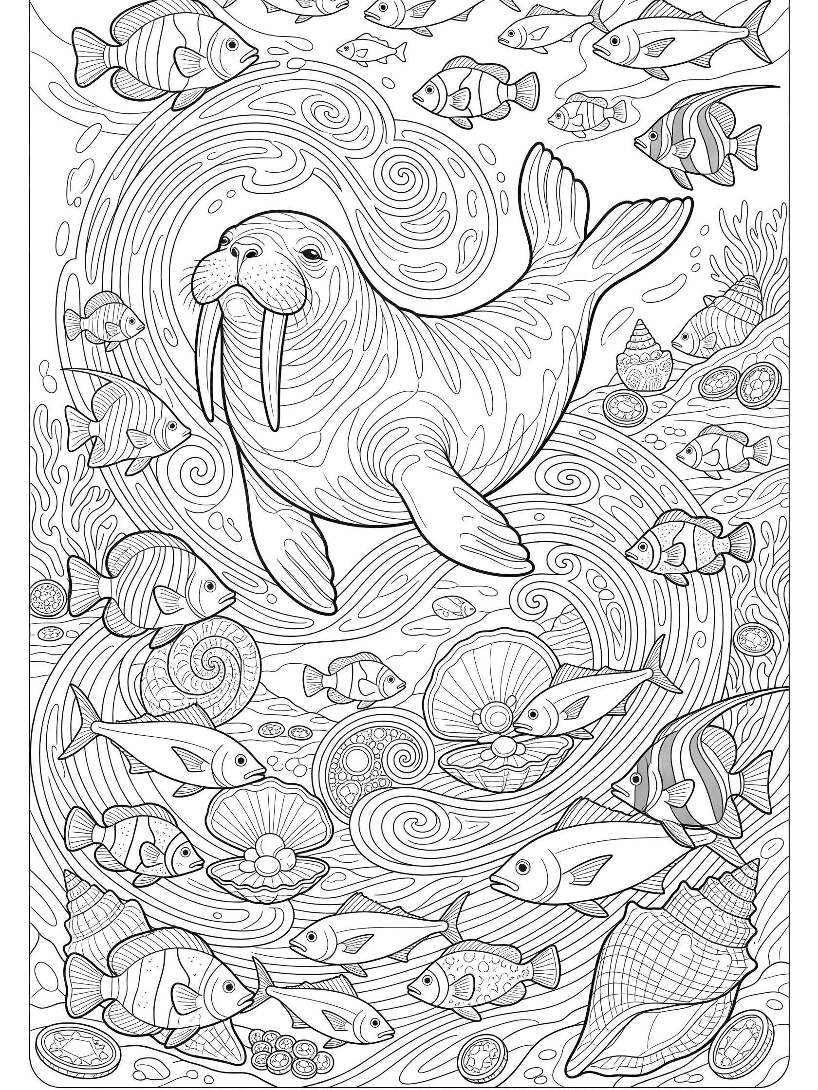 Black and white line art coloring page showing a walrus swimming headfirst through swirling water with fish, shells, and seaweed.