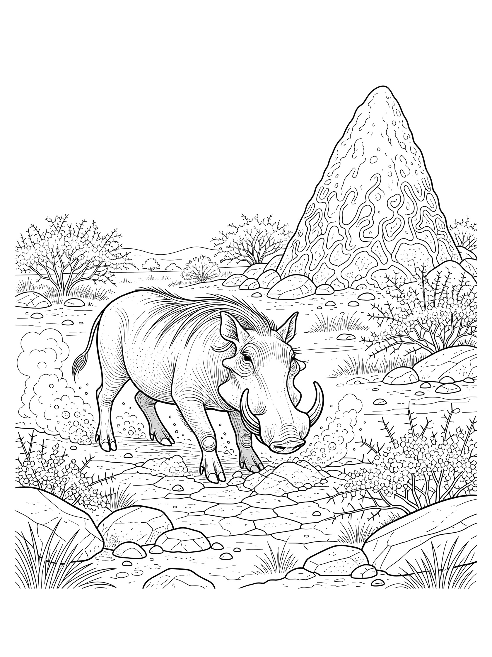 Black and white line art coloring page showing a warthog with tusks digging into dry earth beside a termite mound, surrounded by rocks and bushes in a savanna scene.