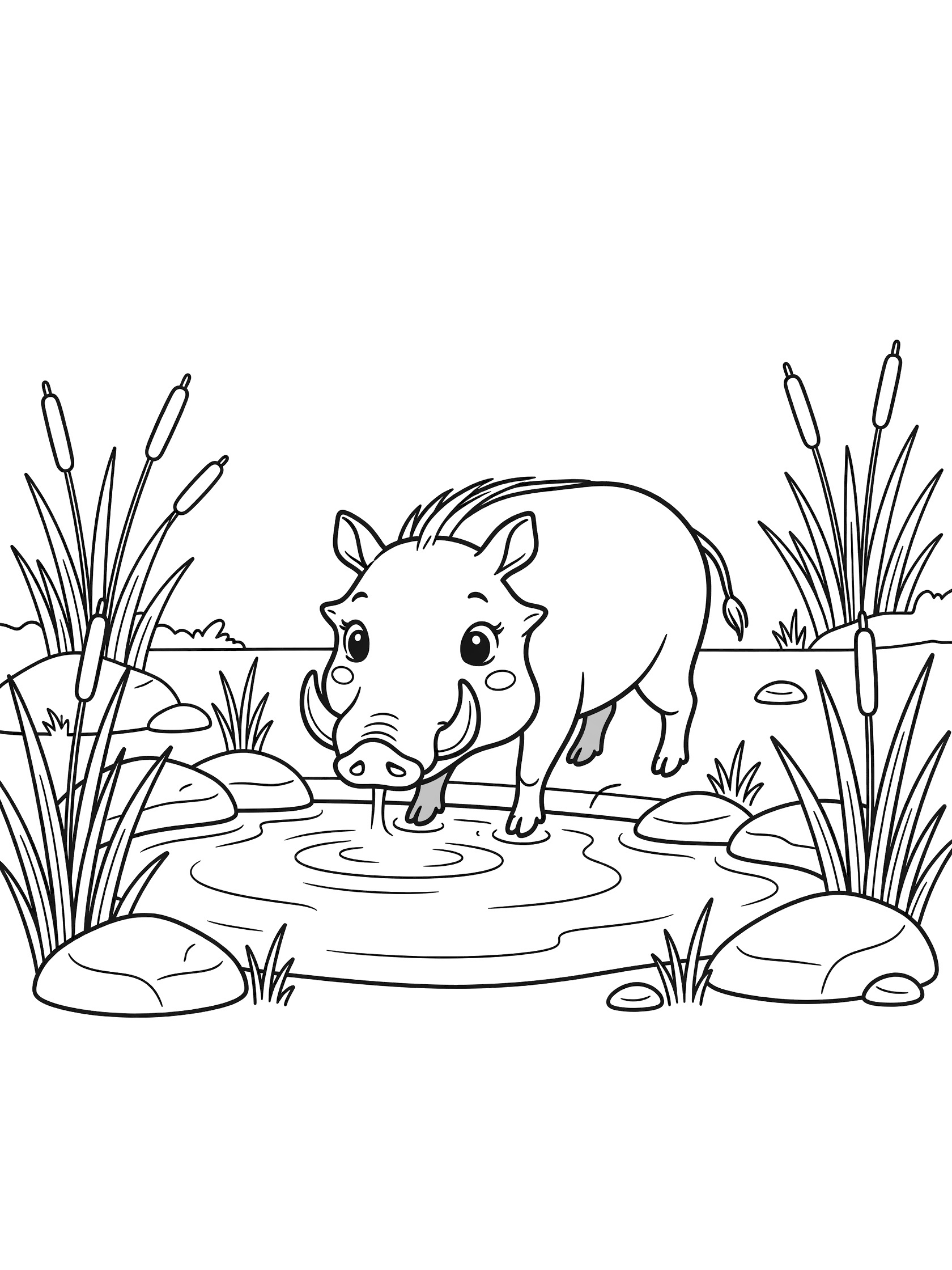 Black and white line art of a kawaii warthog drinking from a pond surrounded by reeds, rocks, and gentle water waves.