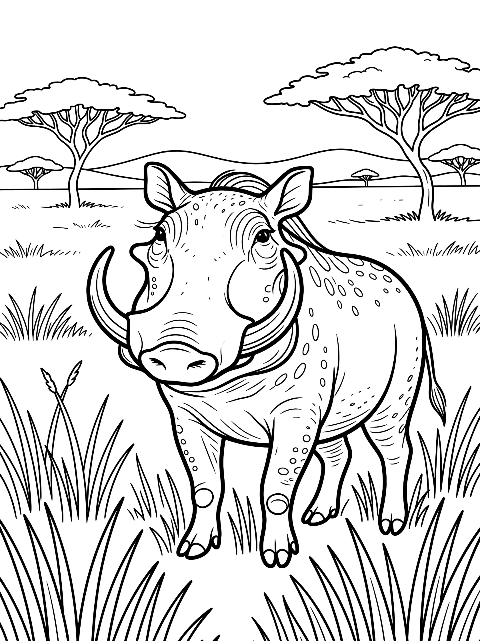 Black and white line art coloring page showing a warthog with large tusks and bumpy skin in tall grass, acacia trees, and distant hills on a white background.