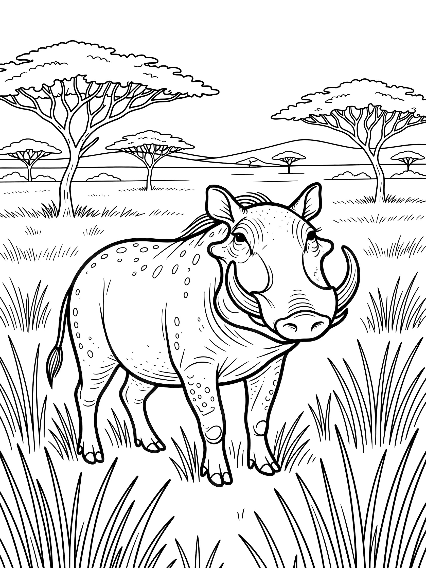 Black and white line drawing of a warthog with tusks and bumpy skin in African savanna grass, acacia trees in background, hills visible.