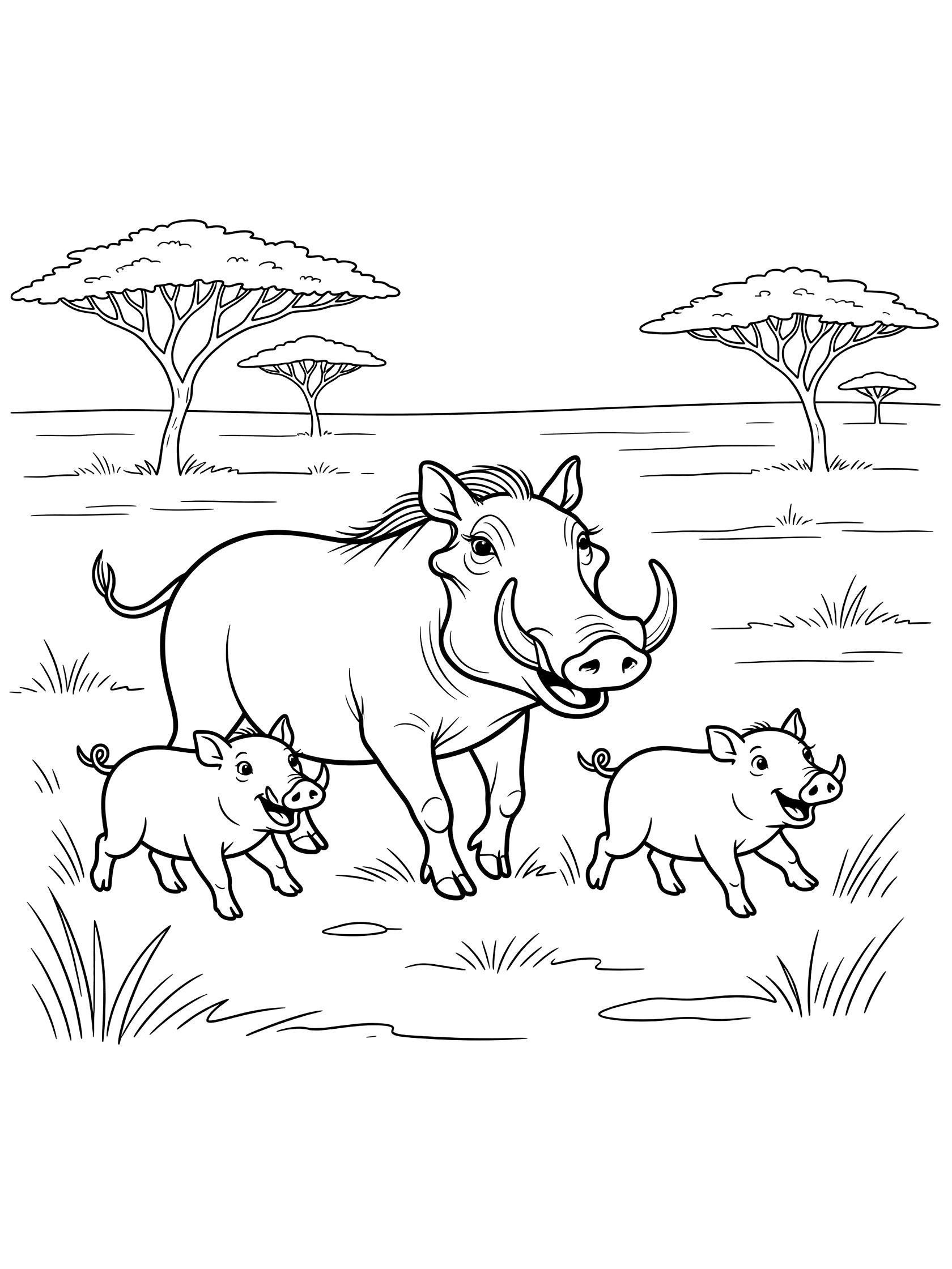 Black and white coloring page of a mother warthog leading two piglets on a walk in grassy savanna with distant acacia trees.