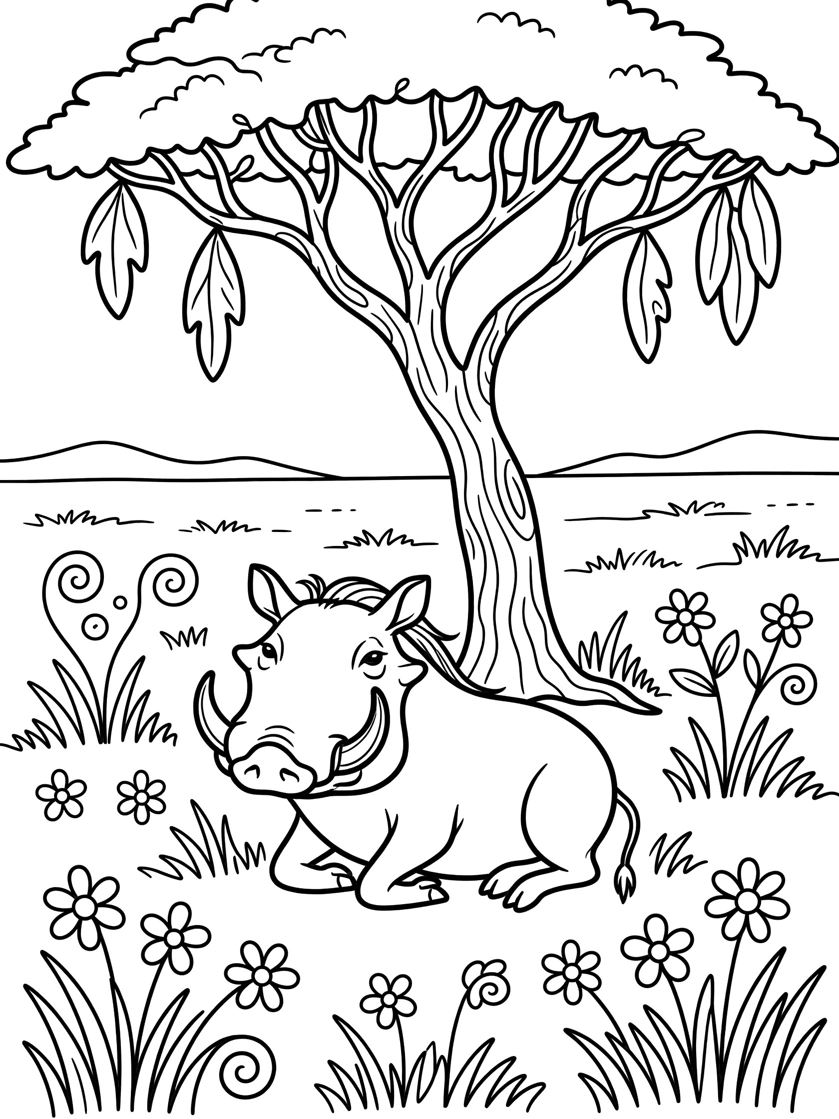 Printable coloring page showing a warthog lying under a large tree with curved branches and hanging leaves, surrounded by curly grass and simple flowers on white background.