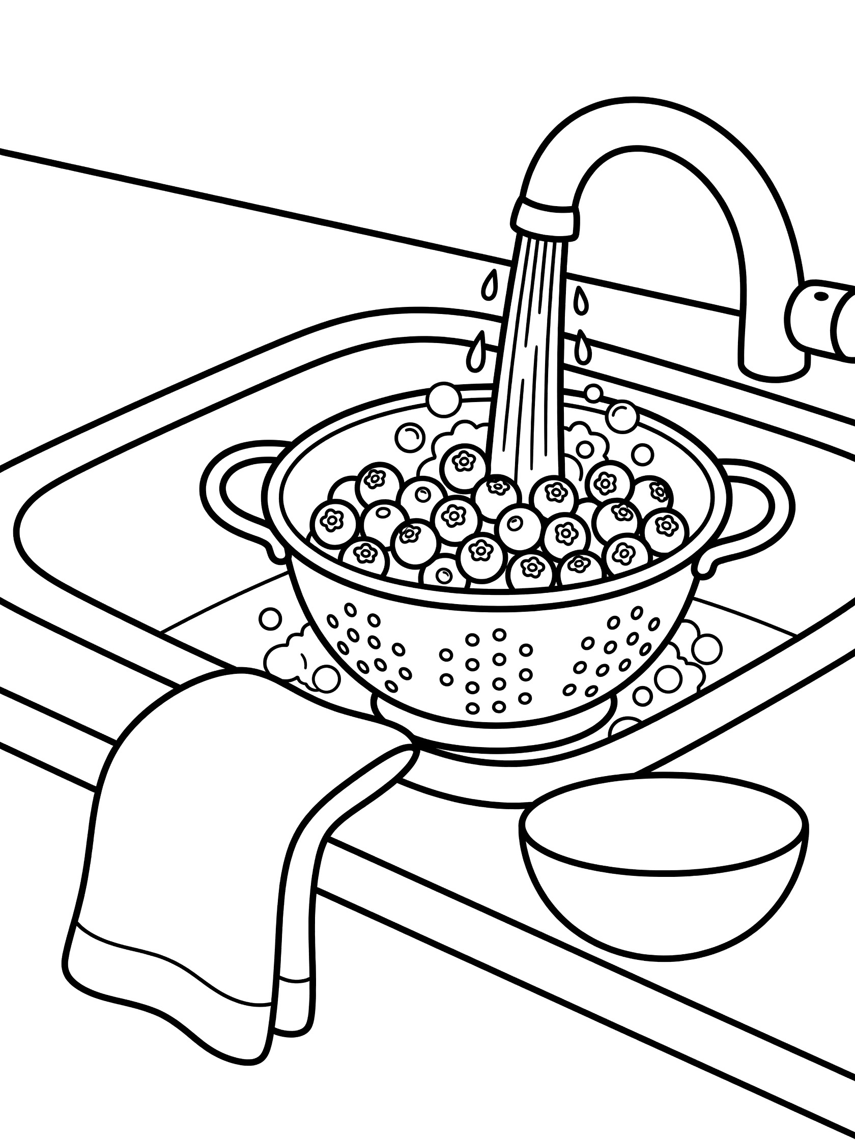 Printable coloring page showing blueberries in a colander under kitchen faucet water with bubbles, towel and bowl nearby