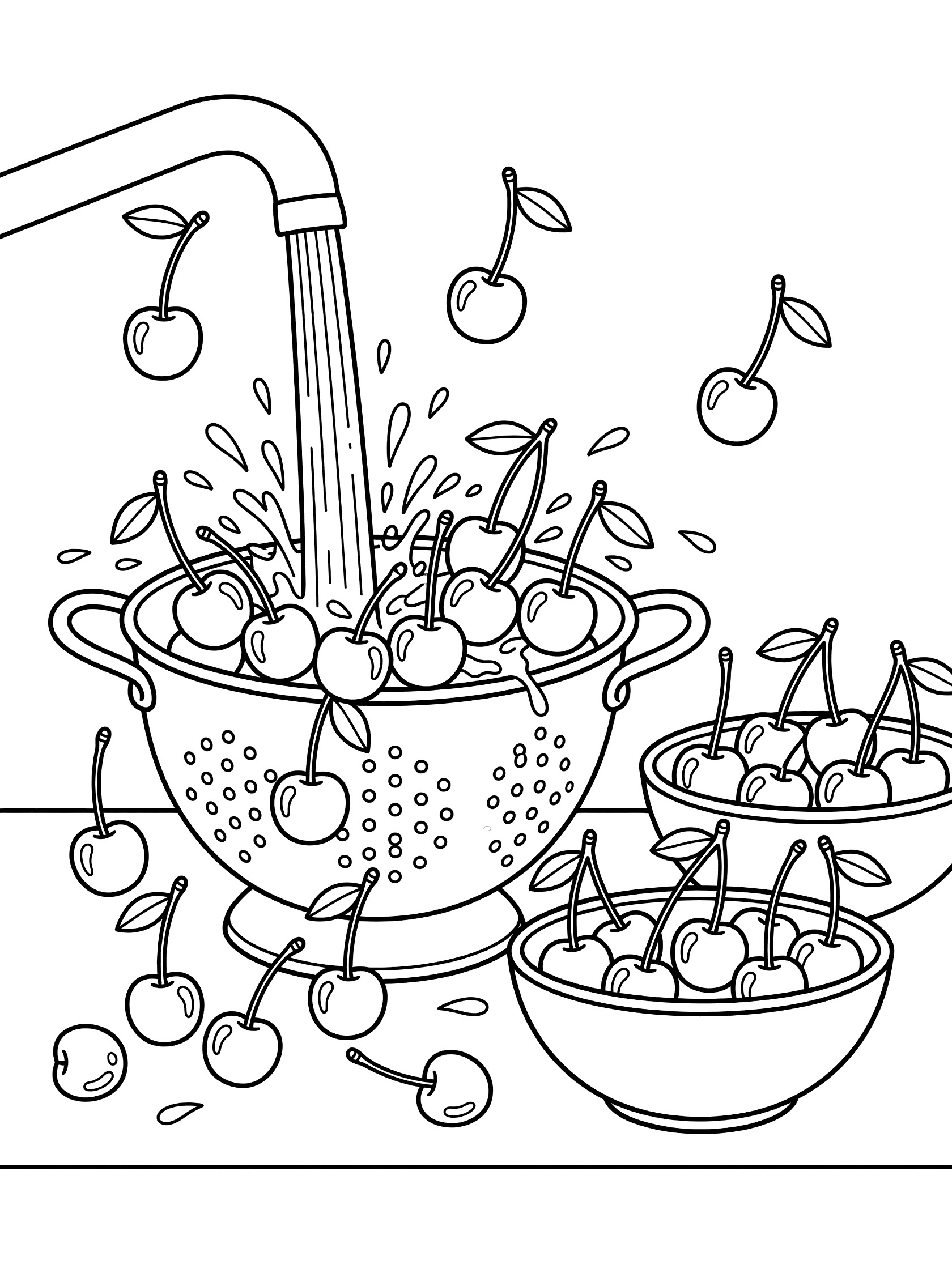 Line art coloring page showing a colander full of cherries under running water from a faucet, with splashing droplets, floating stems and leaves, and nearby bowls of cherries