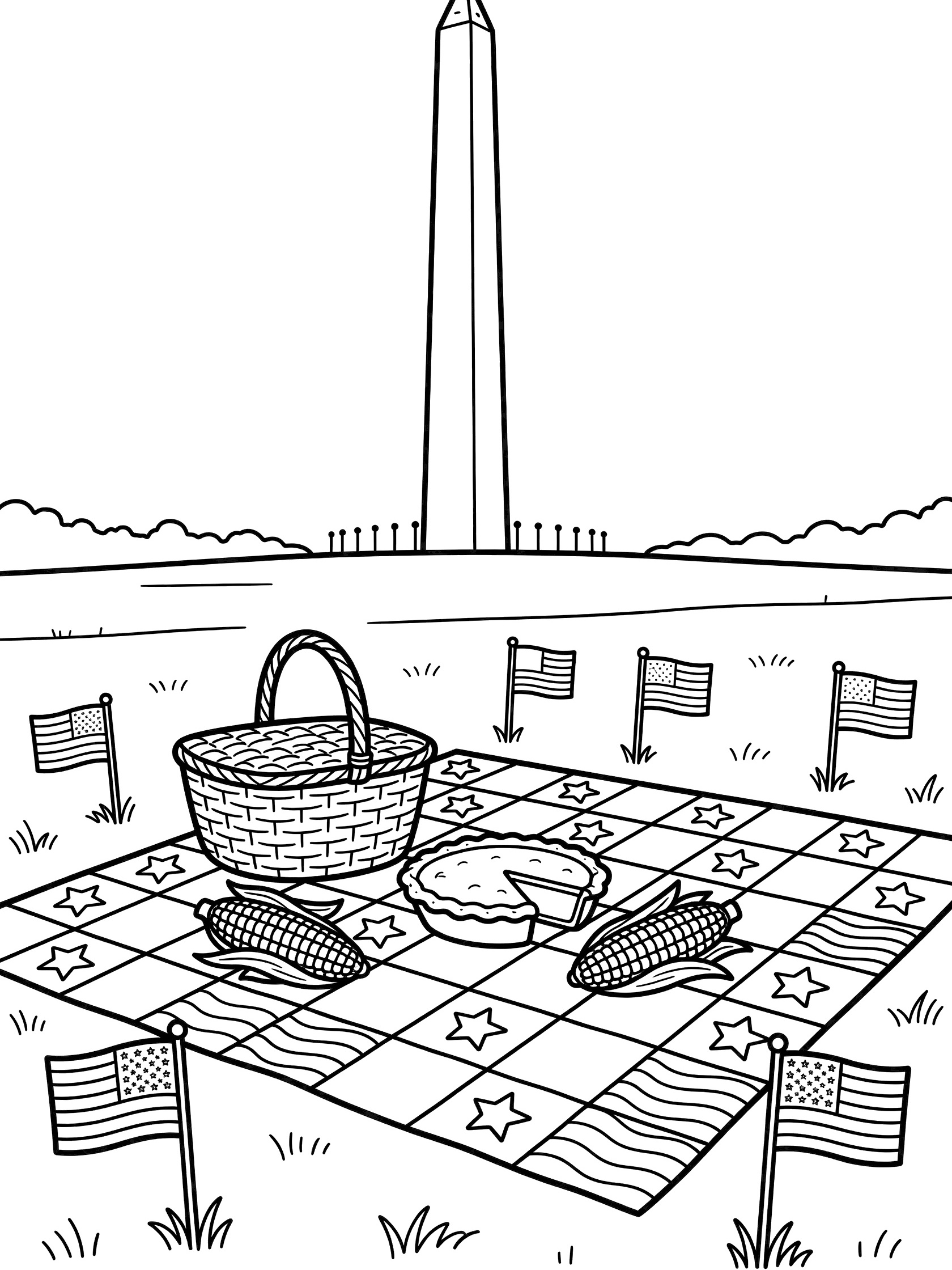 Black and white line art of Washington Monument behind a patriotic 4th of July picnic setup with stars and stripes blanket, picnic basket, apple pie, corn on the cob, and small flags.
