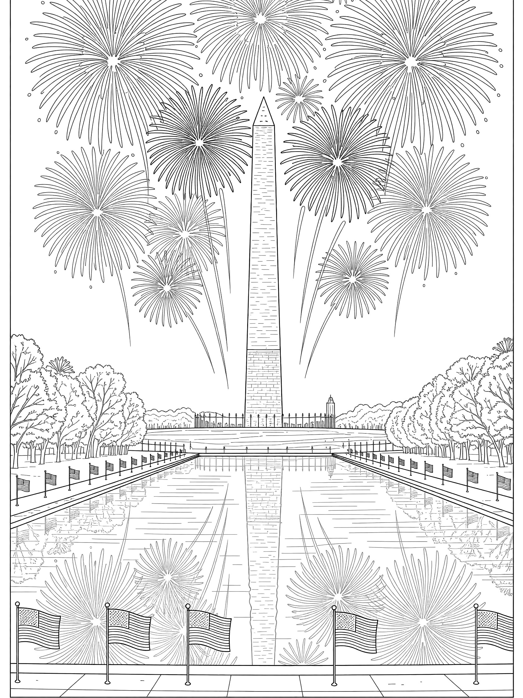 Black and white coloring page showing the Washington Monument reflected in the pool during 4th of July fireworks on the National Mall with flags and symmetric bursts.