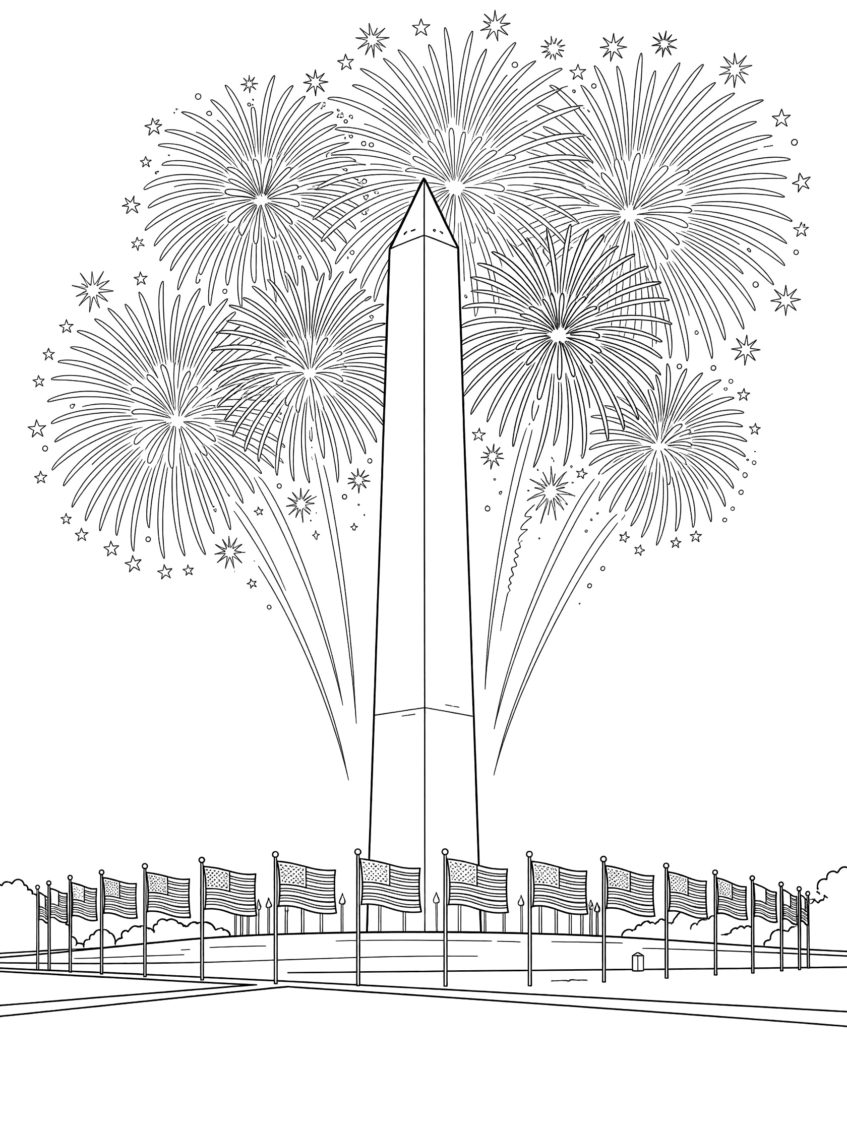 Black and white coloring page showing the tall Washington Monument under exploding fireworks on Independence Day with flags at the base.