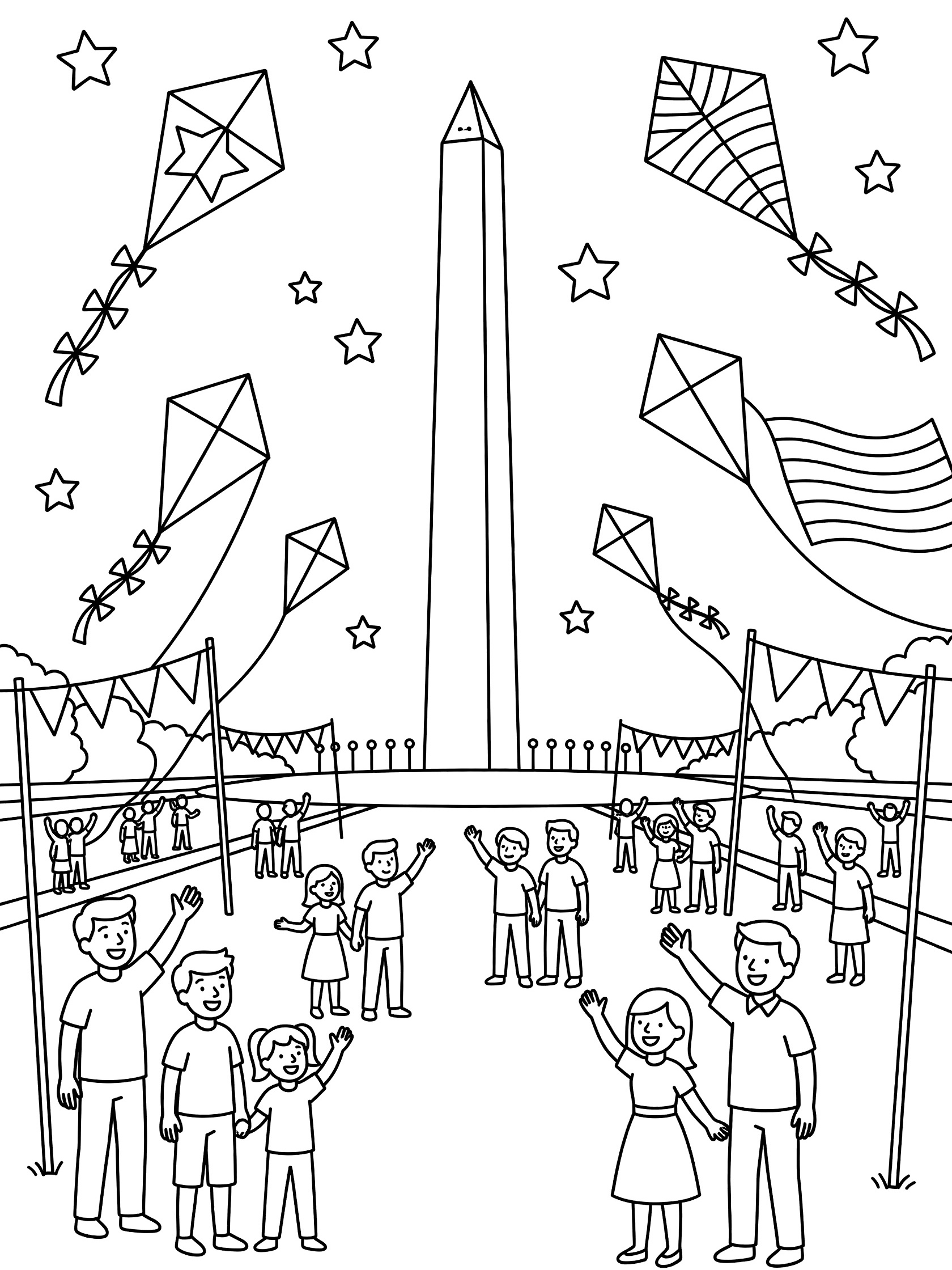 Line art coloring page showing the tall Washington Monument surrounded by flying star-shaped kites, American flag banners, and a family waving on Independence Day
