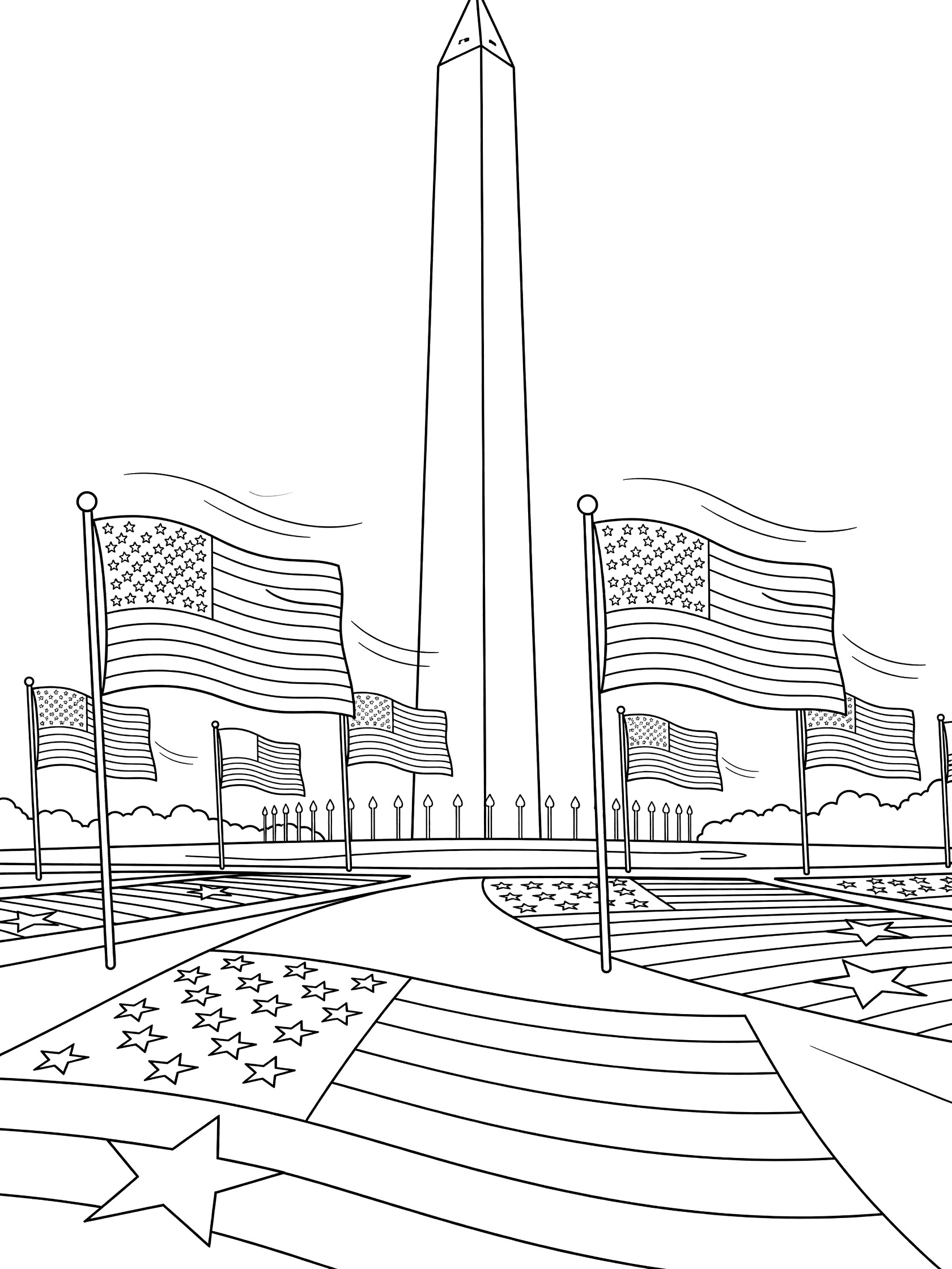 Black and white line art of Washington Monument surrounded by waving American flags and star patterns for 4th of July coloring