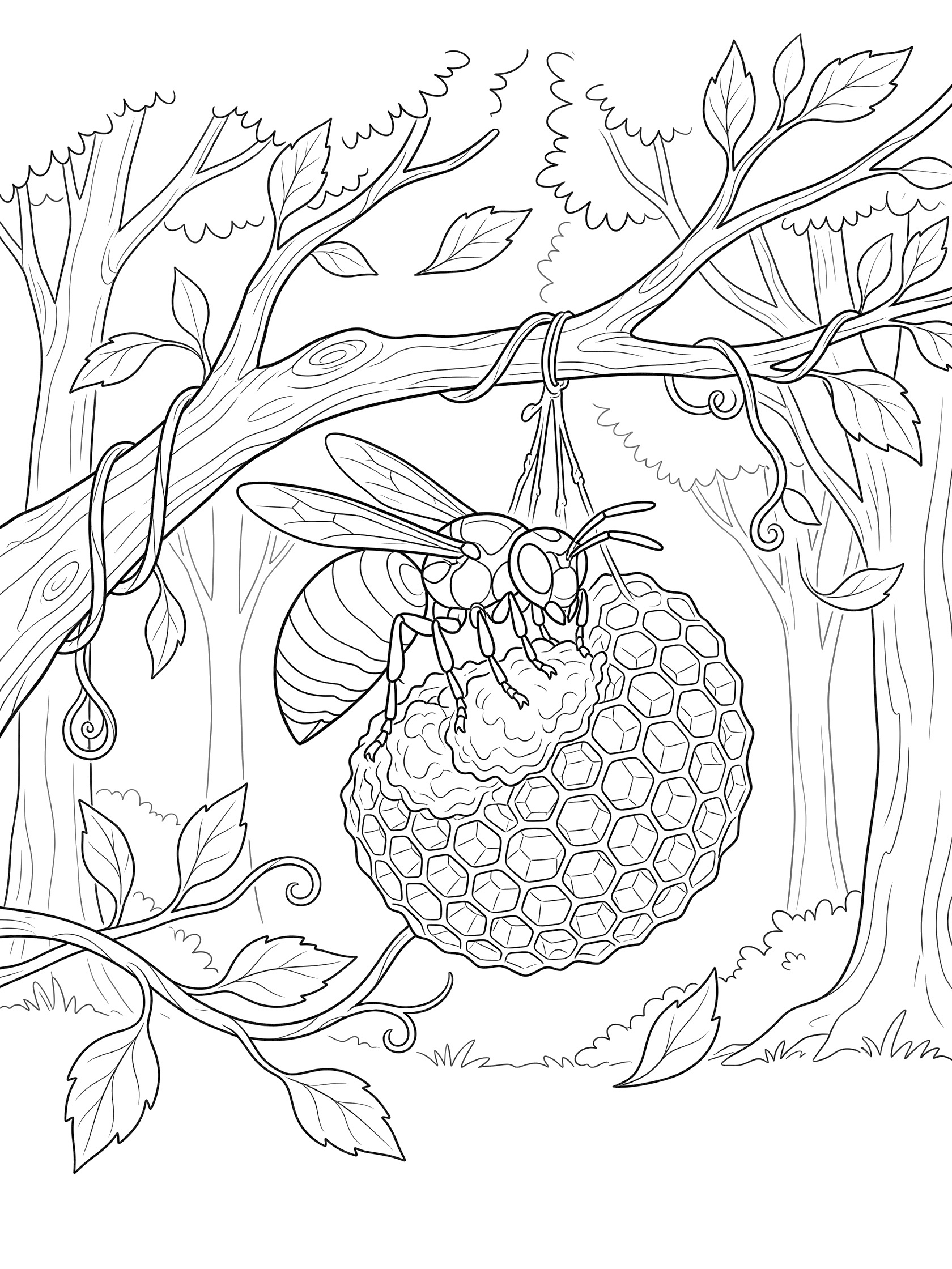 Black and white line art of a striped wasp holding chewed pulp to build a hexagonal papery nest on a twisting tree branch with forest background.
